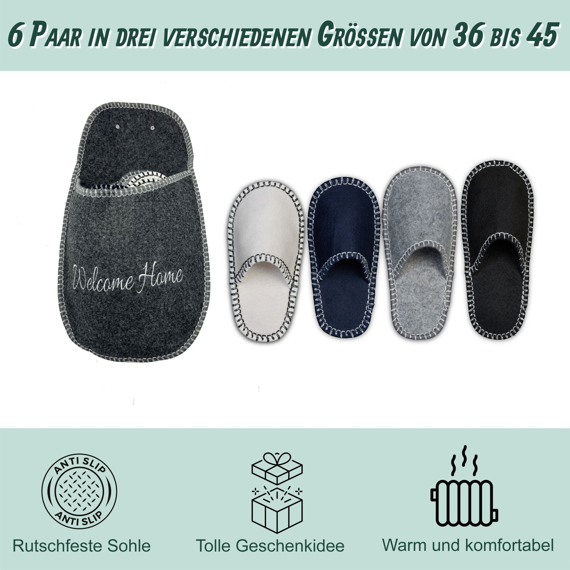 Gästehausschuhe Filz 6 Paar Weiss-Schwarz-Grau von Relaxdays