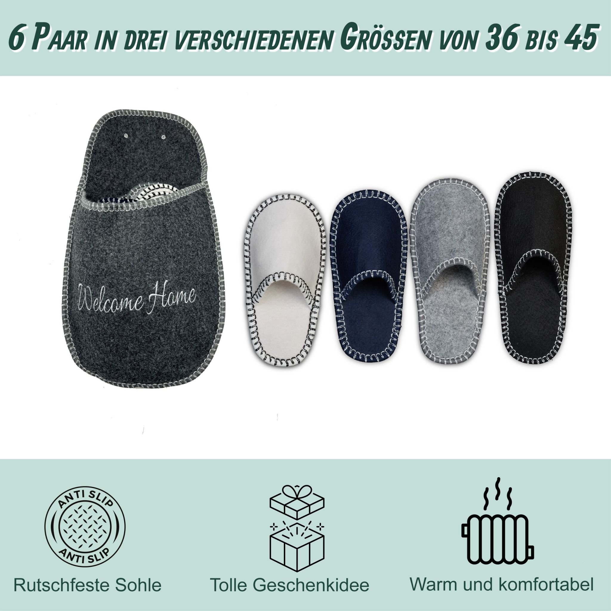 Gästehausschuhe Filz 6 Paar Weiss-Schwarz-Grau von Relaxdays