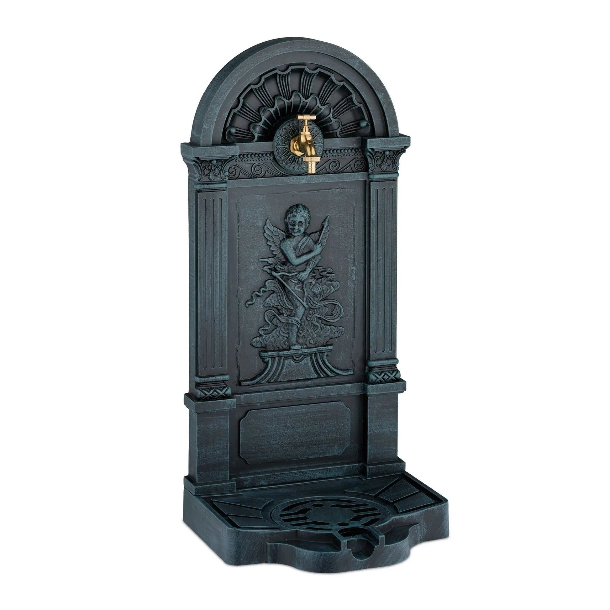 Standbrunnen Engel-Design Dunkelgrün-Gold-Grau von Relaxdays