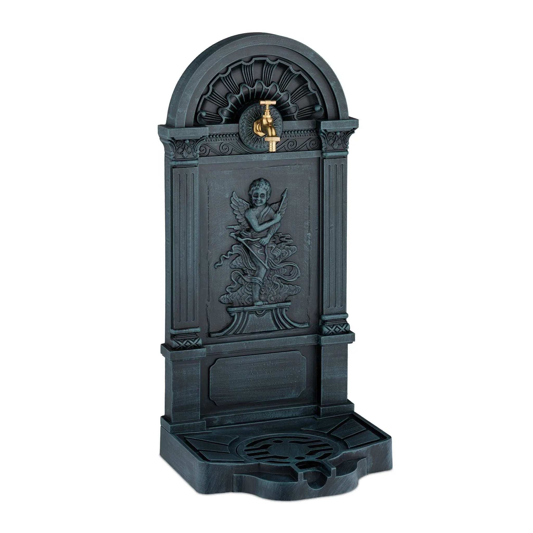 Standbrunnen Engel-Design Dunkelgrün-Gold-Grau von Relaxdays