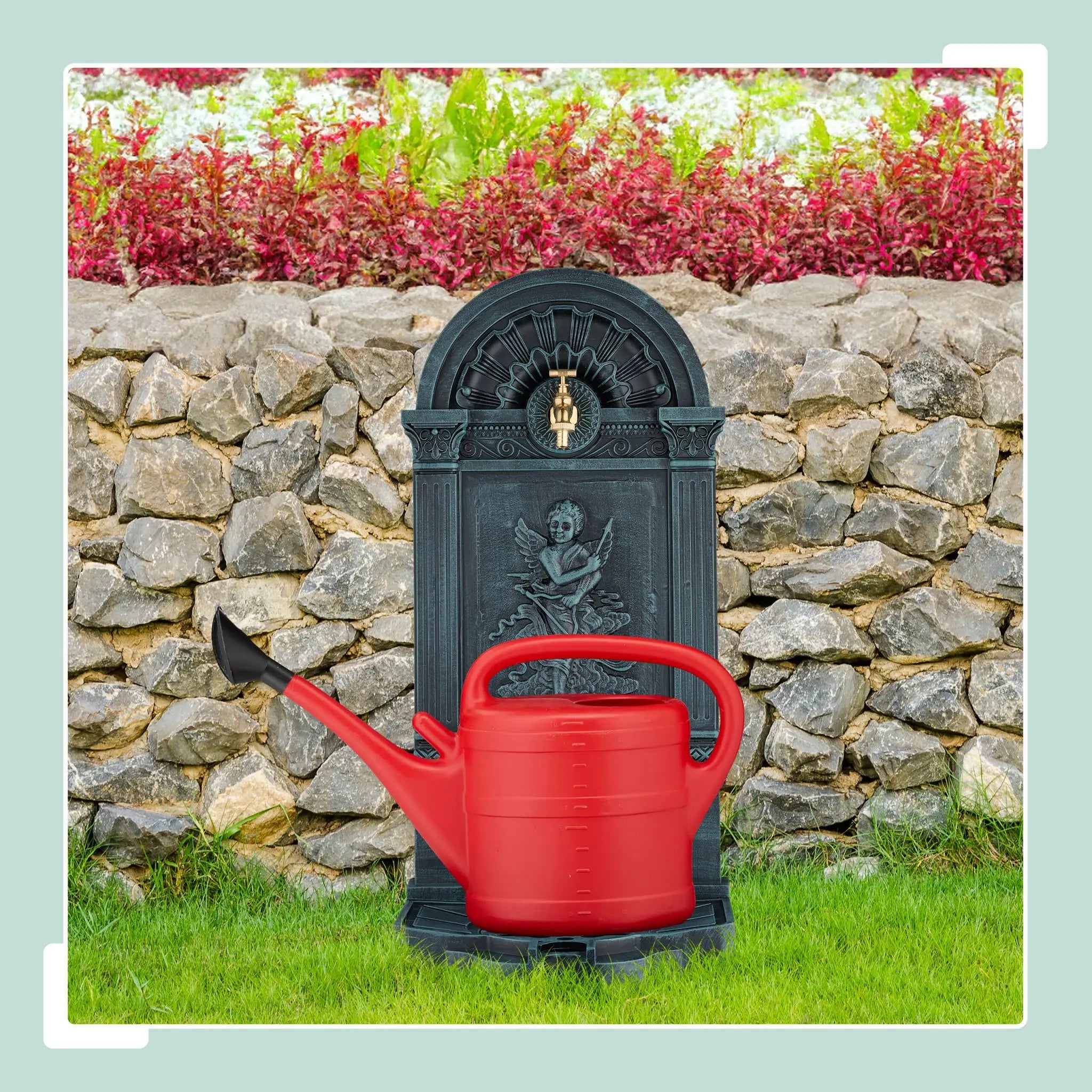 Standbrunnen Engel-Design Dunkelgrün-Gold-Grau von Relaxdays