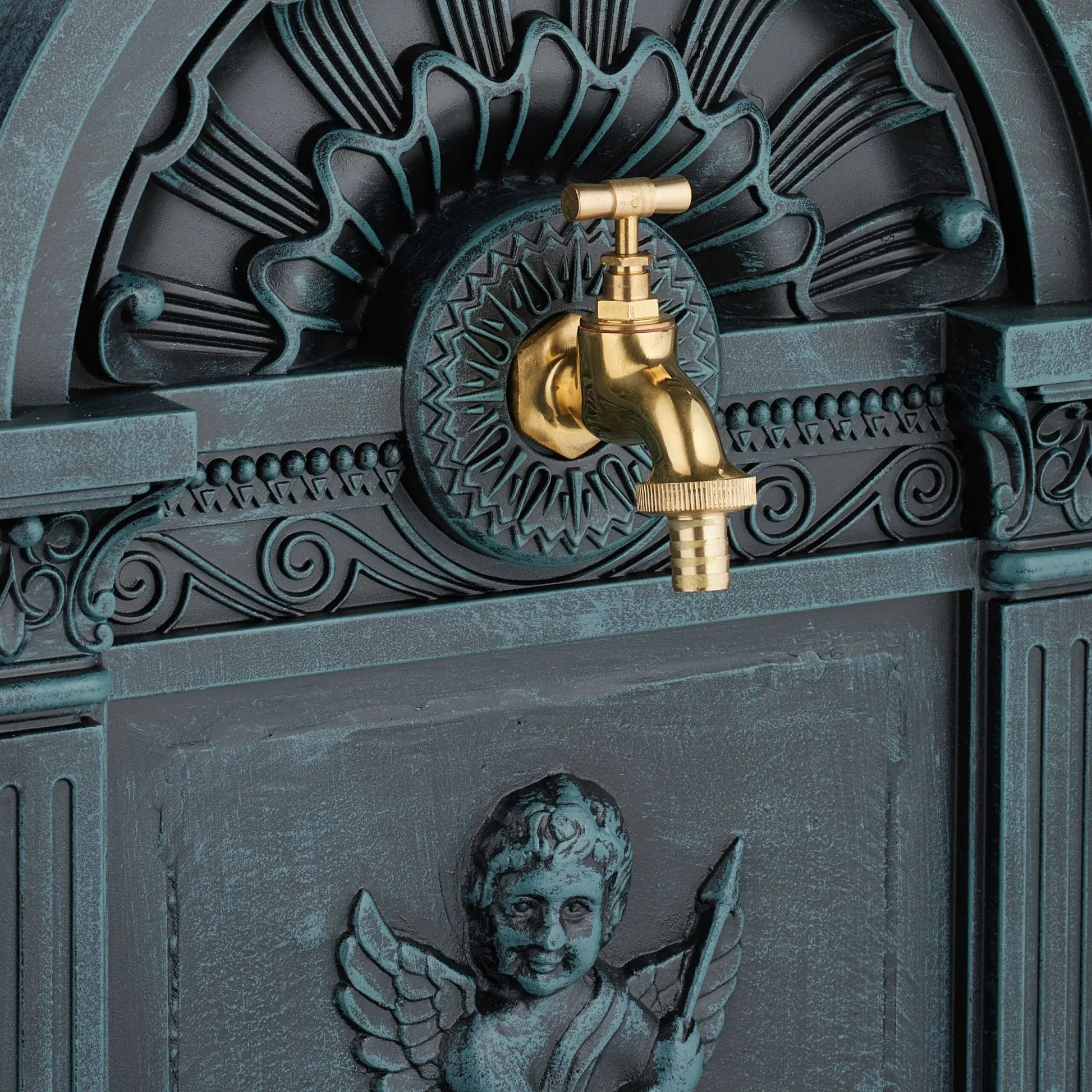Standbrunnen Engel-Design Dunkelgrün-Gold-Grau von Relaxdays