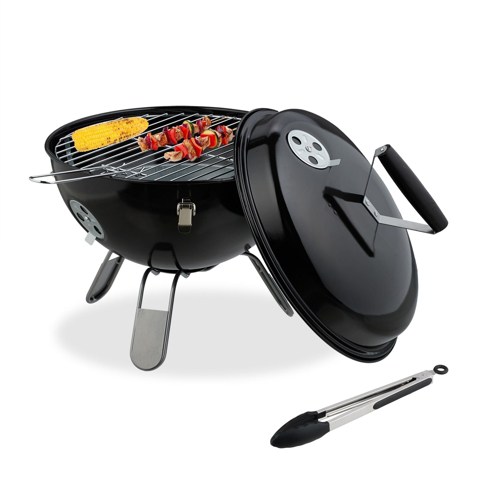 Kugelgrill tragbar Ø 37cm mit Grillzange Schwarz-Silber von Relaxdays
