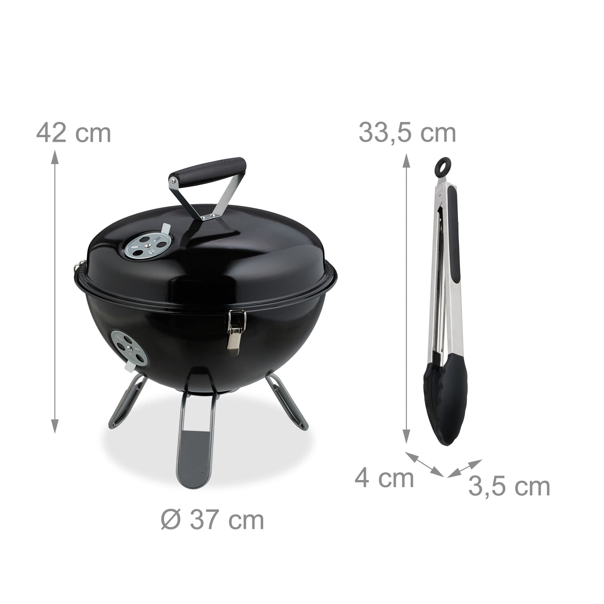 Kugelgrill tragbar Ø 37cm mit Grillzange Schwarz-Silber von Relaxdays