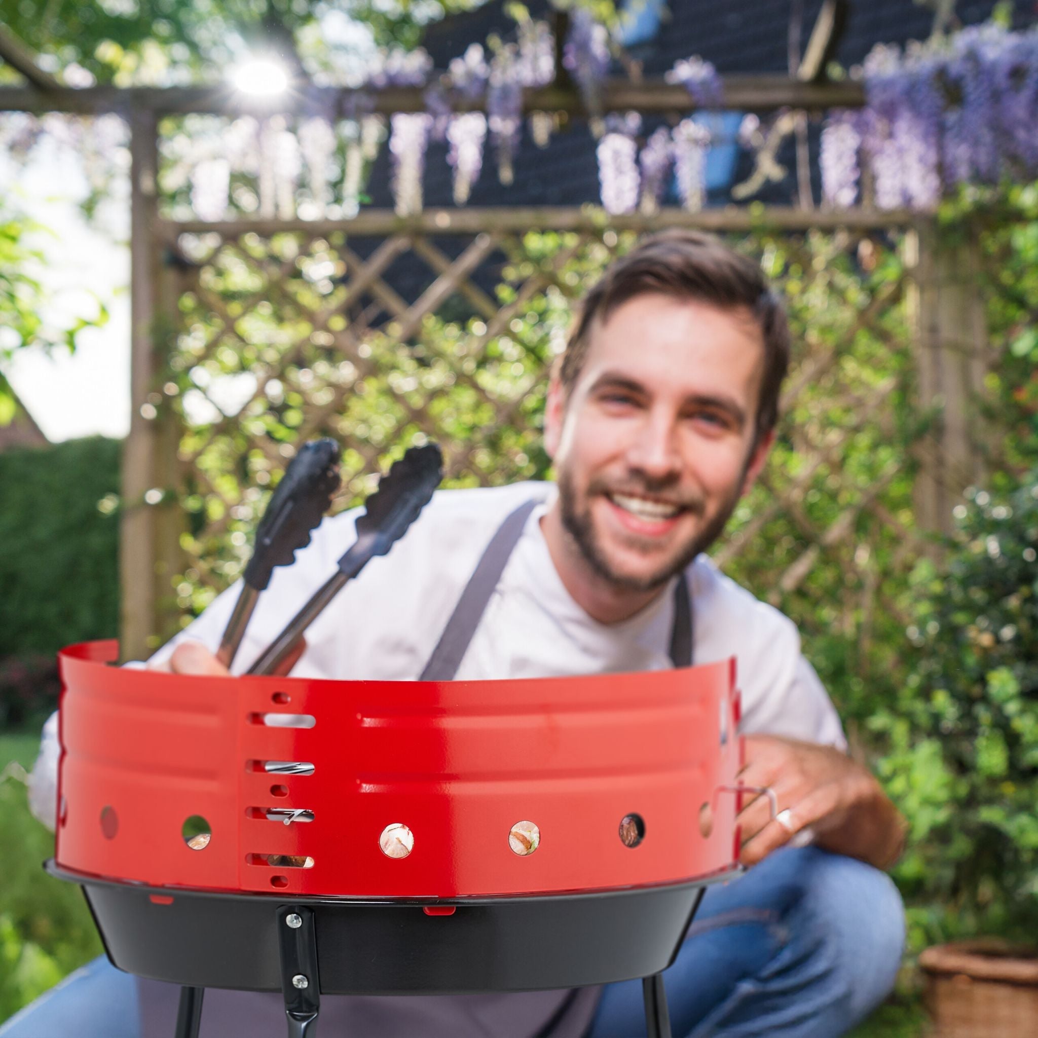 Holzkohlegrill Ø 37cm Dreibein Rot-Schwarz von Relaxdays