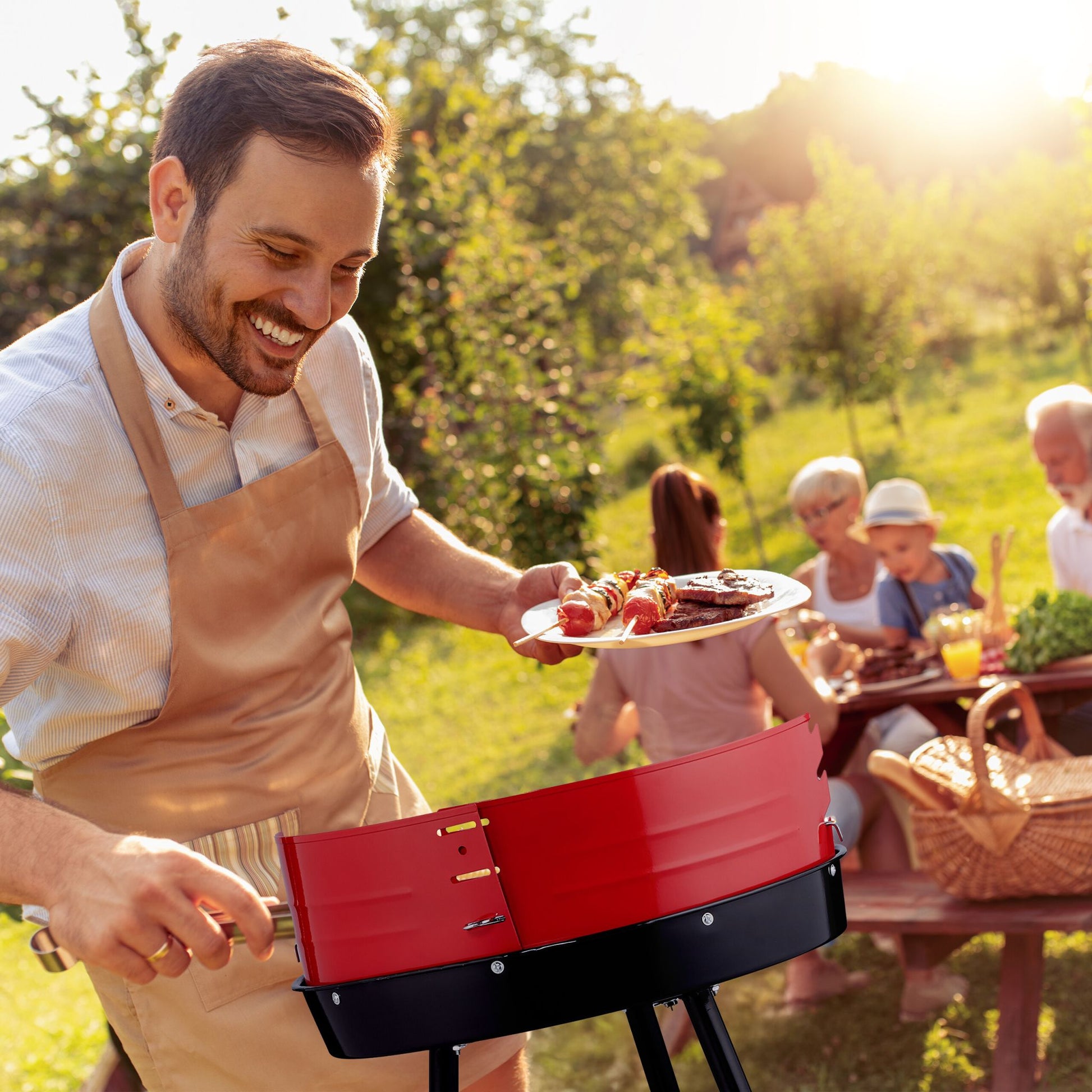 Holzkohlegrill 42cm mit Rollen Rot-Schwarz von Relaxdays