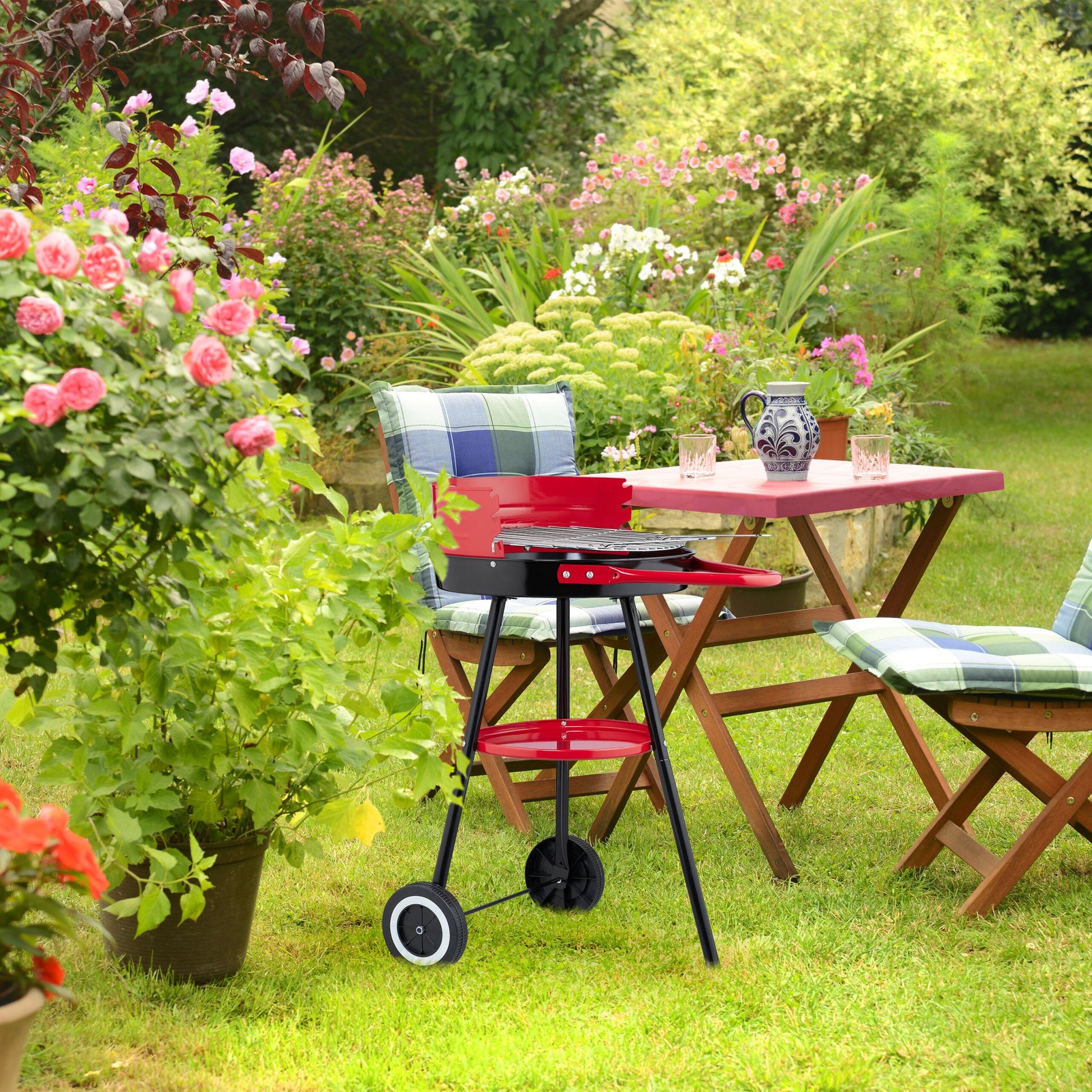 Holzkohlegrill 42cm mit Rollen Rot-Schwarz von Relaxdays