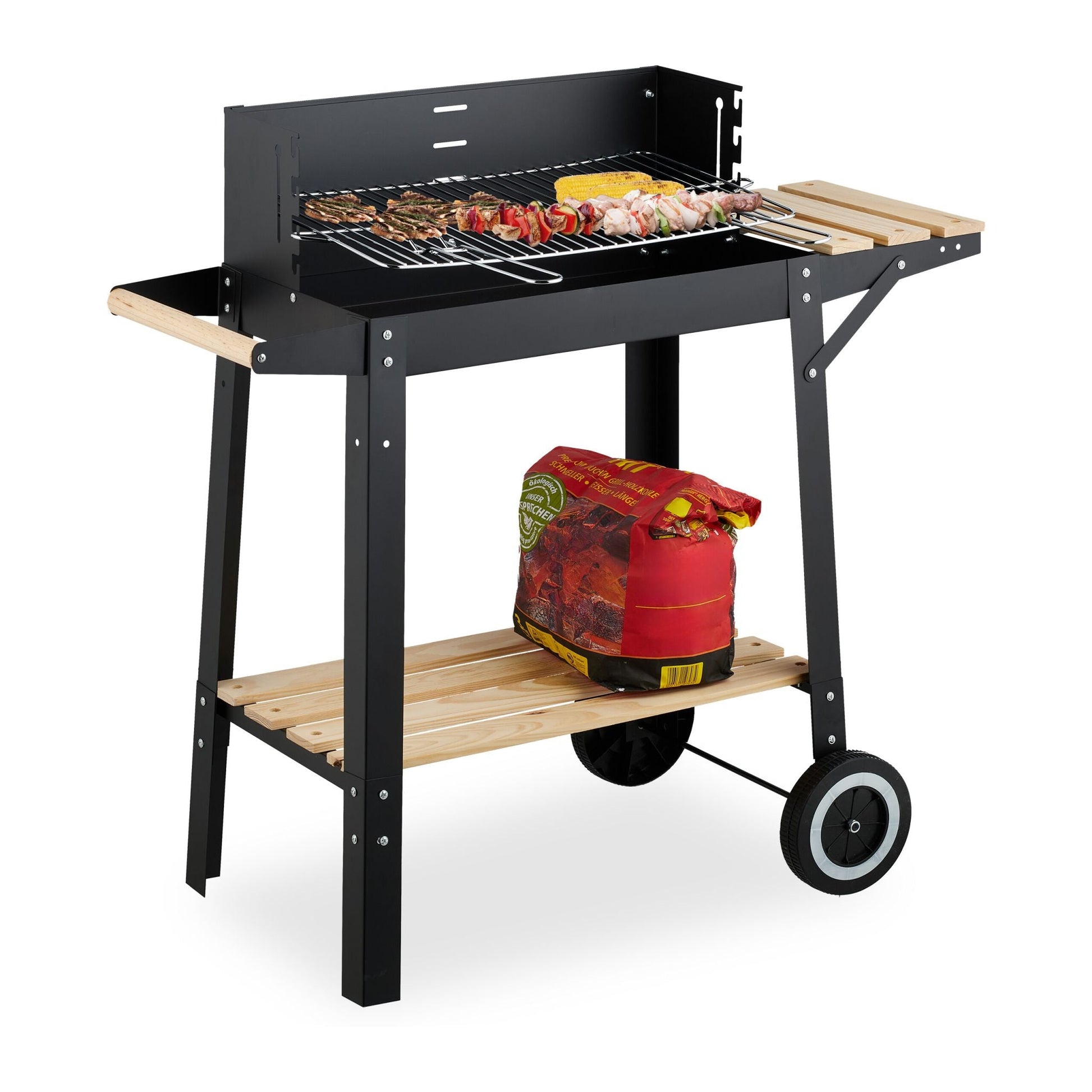 Grill mit Rädern und Ablagen Hellbraun-Schwarz-Silber von Relaxdays