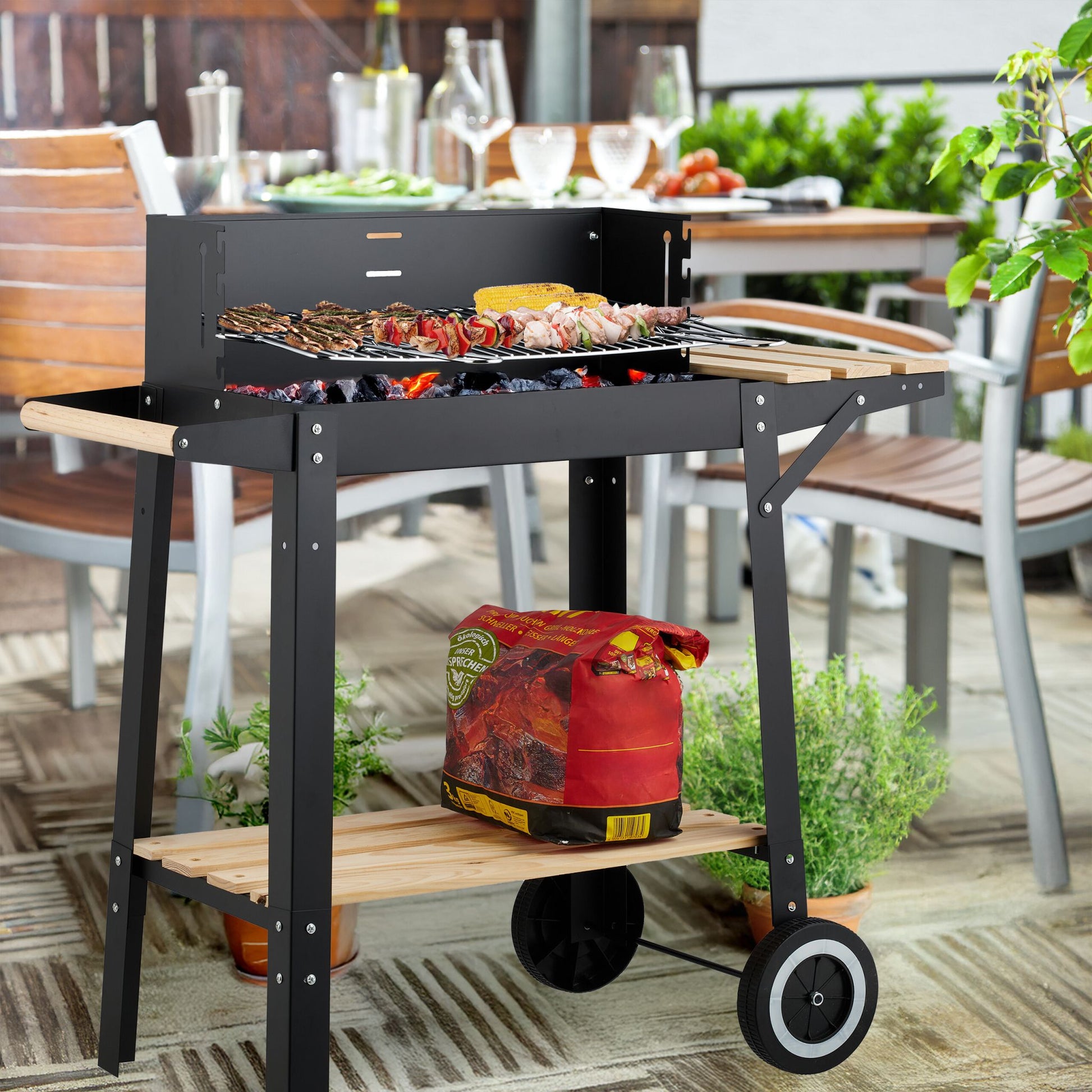 Grill mit Rädern und Ablagen Hellbraun-Schwarz-Silber von Relaxdays