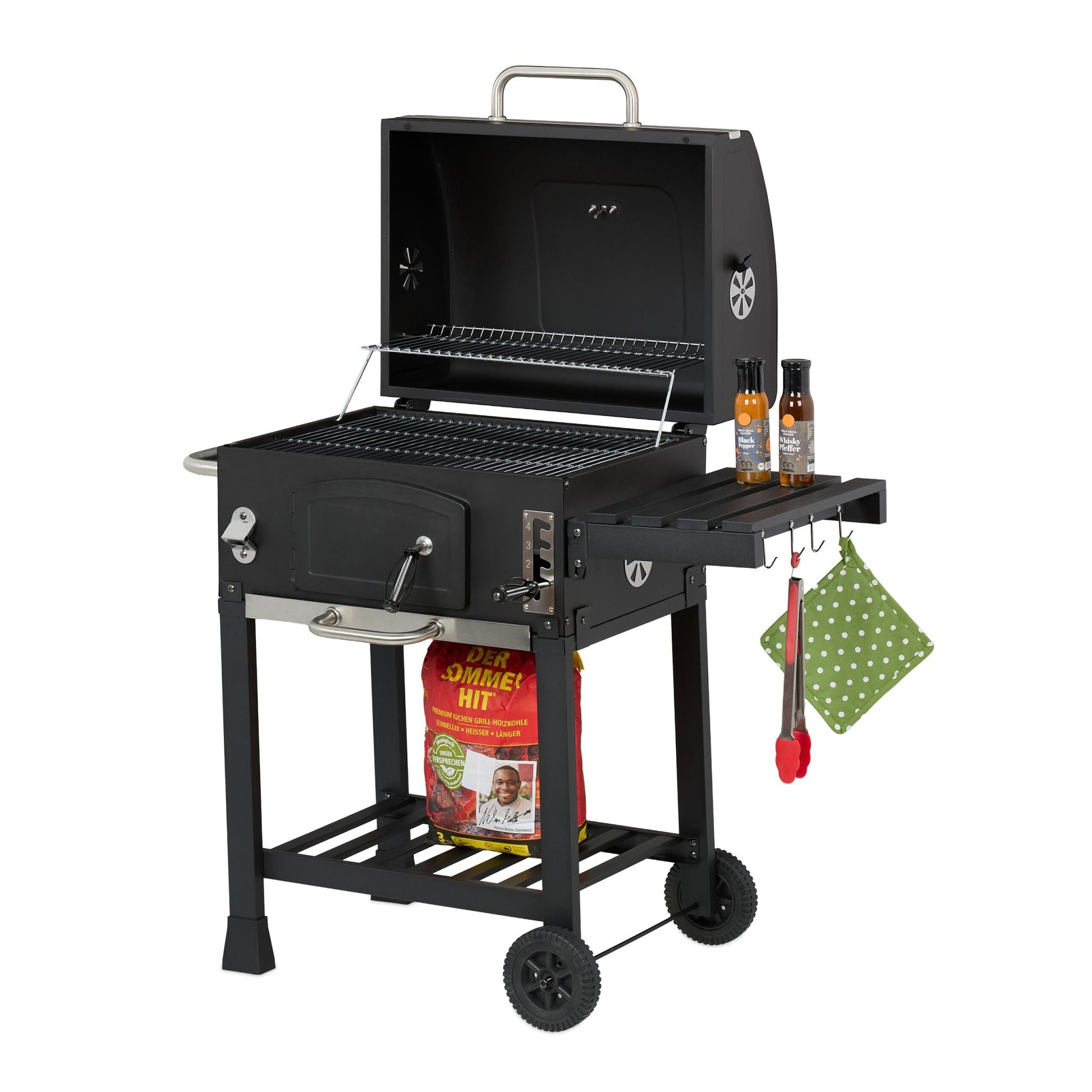 Holzkohlegrill Grillwagen mit Deckel Schwarz-Silber von Relaxdays