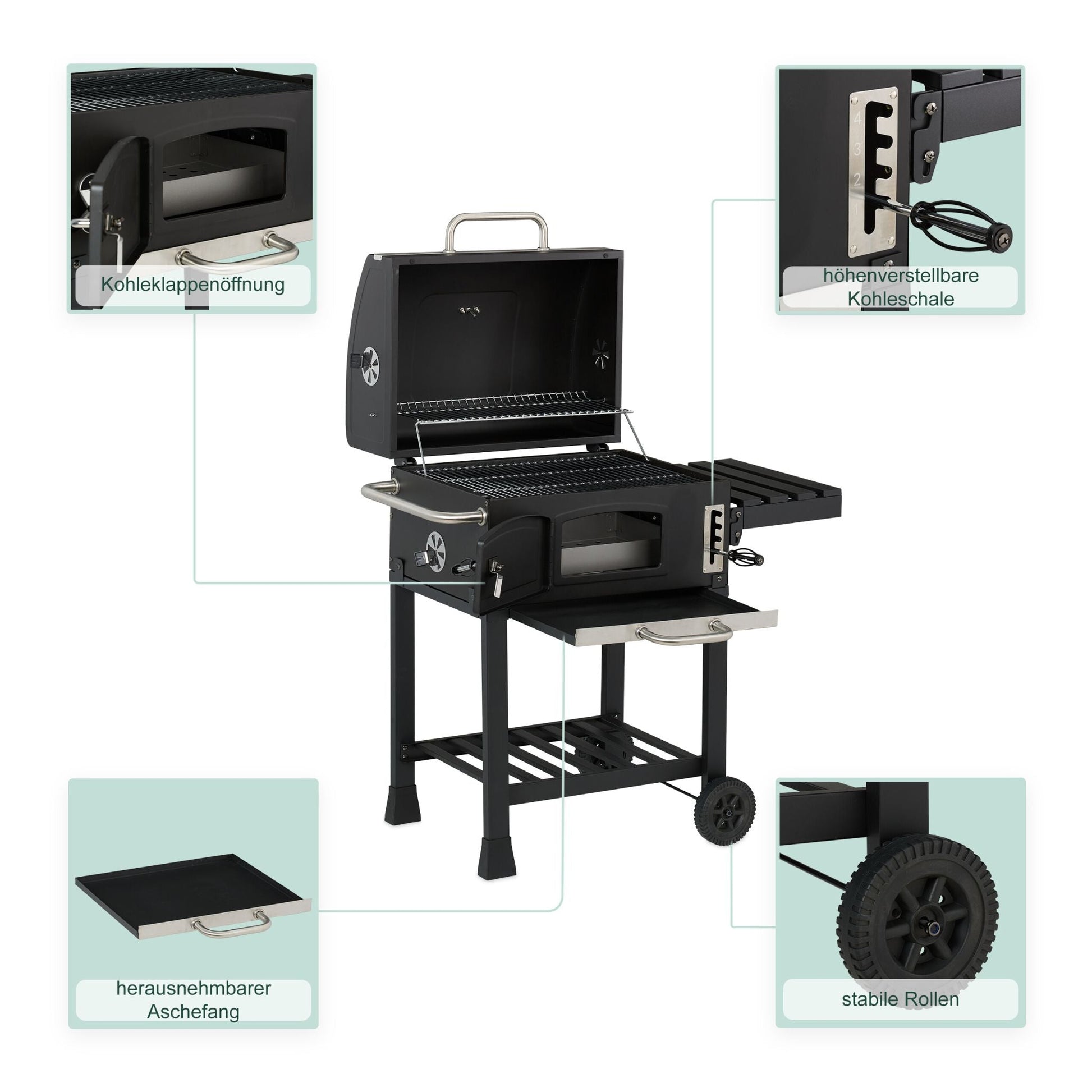 Holzkohlegrill Grillwagen mit Deckel Schwarz-Silber von Relaxdays