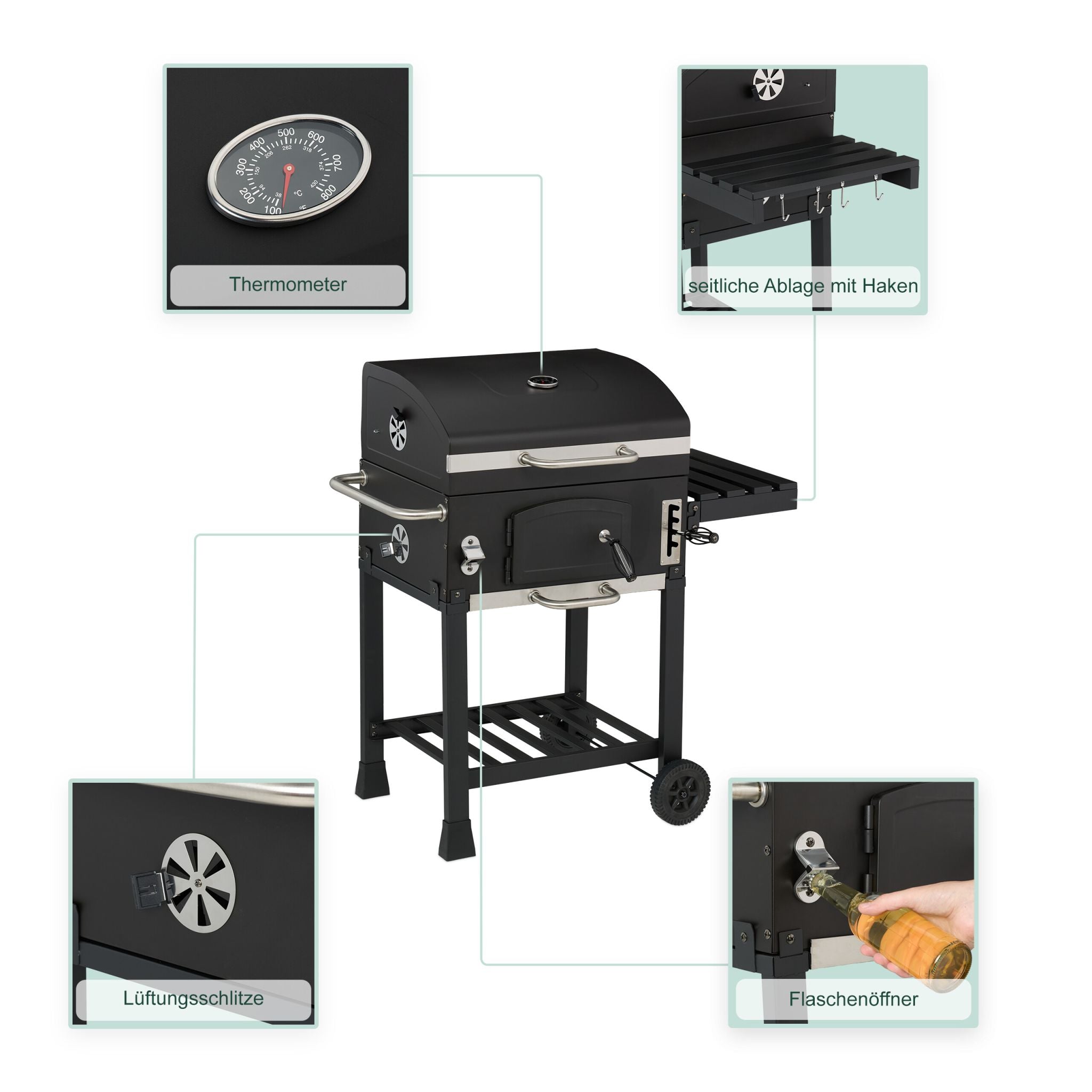 Holzkohlegrill Grillwagen mit Deckel Schwarz-Silber von Relaxdays