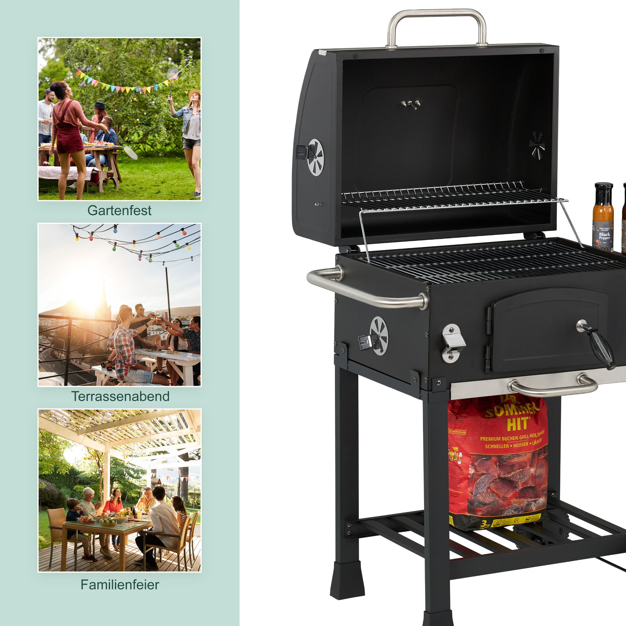 Holzkohlegrill Grillwagen mit Deckel Schwarz-Silber von Relaxdays