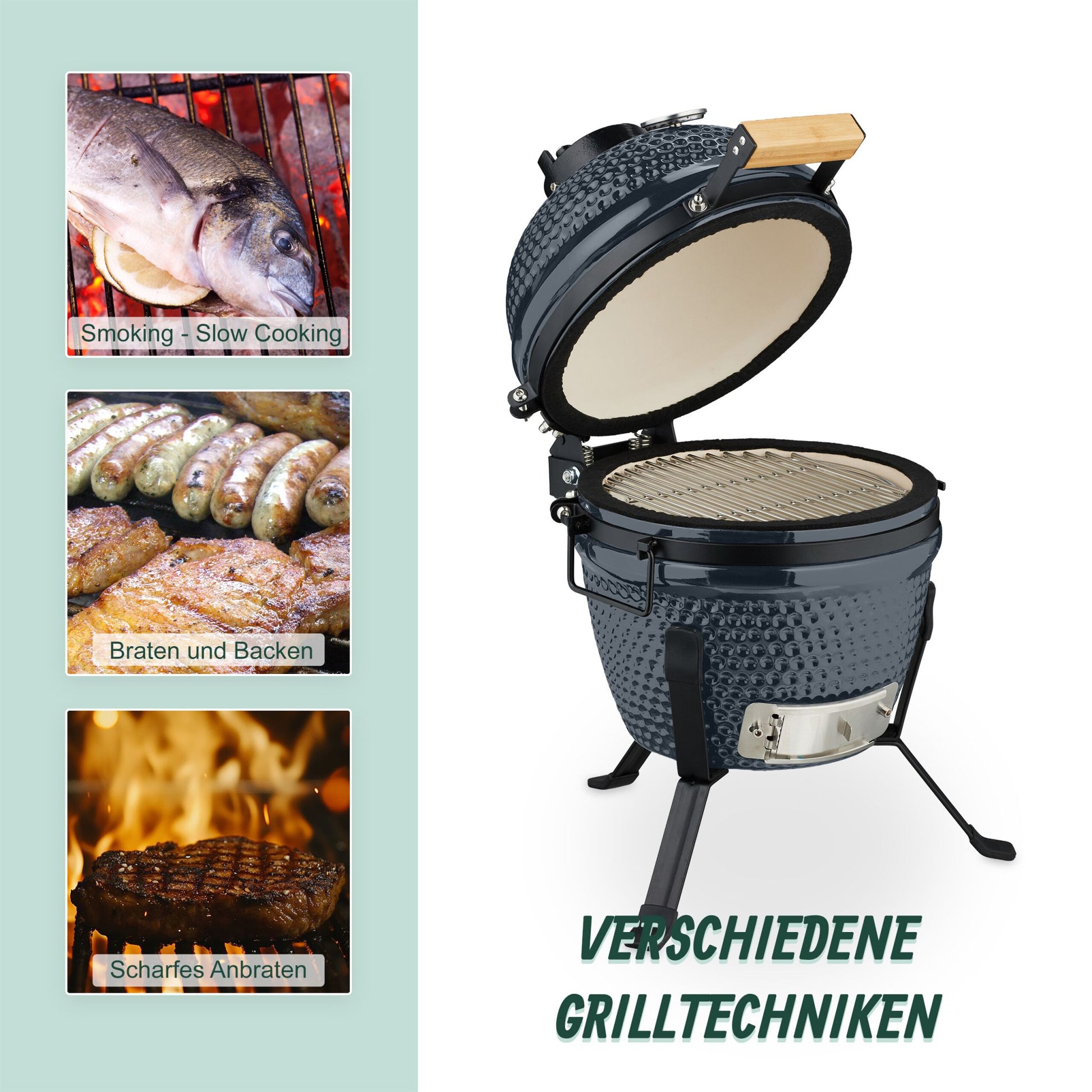 Kamado Grill Keramik Schwarz-Grau von Relaxdays