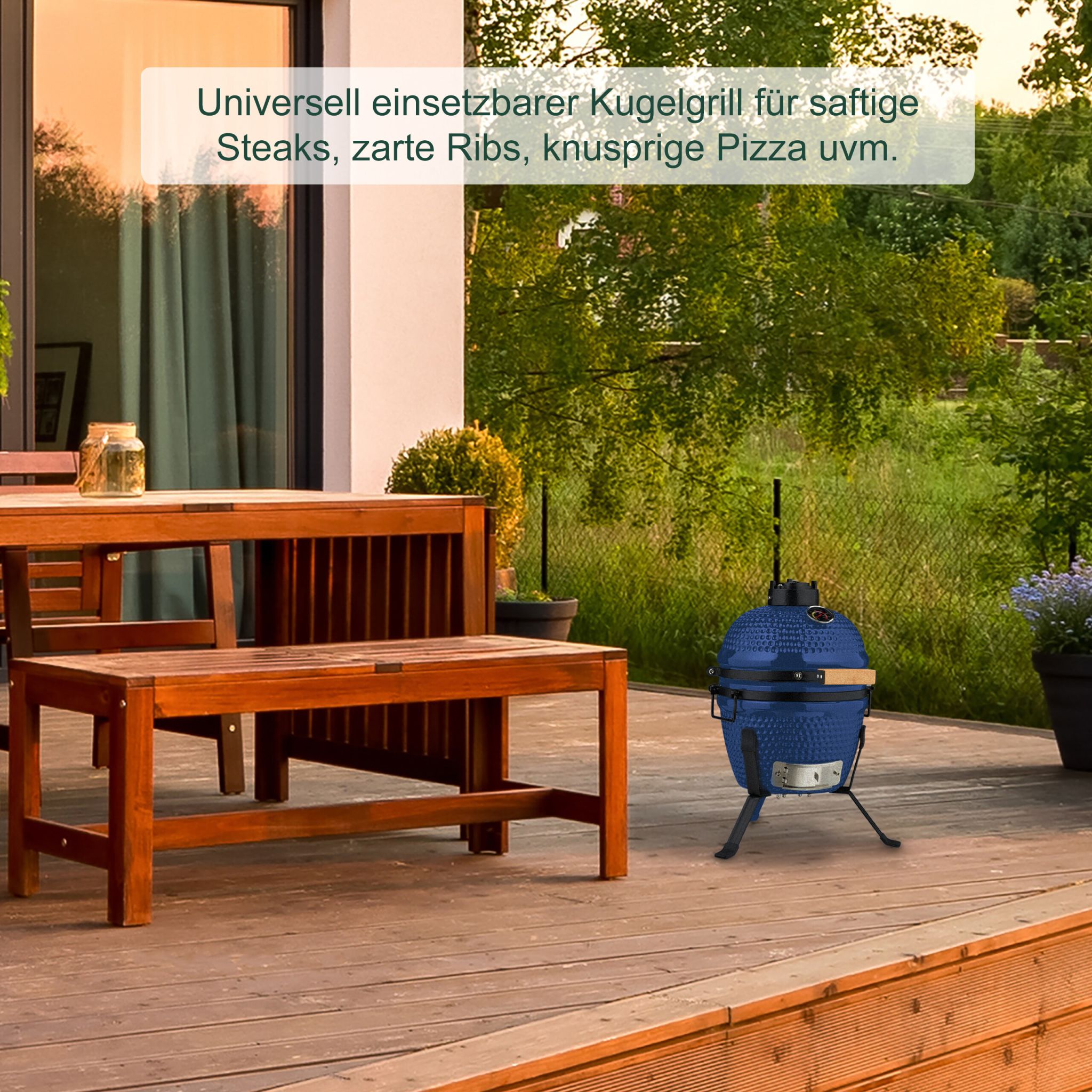 Kamado Grill Keramik Blau-Schwarz von Relaxdays