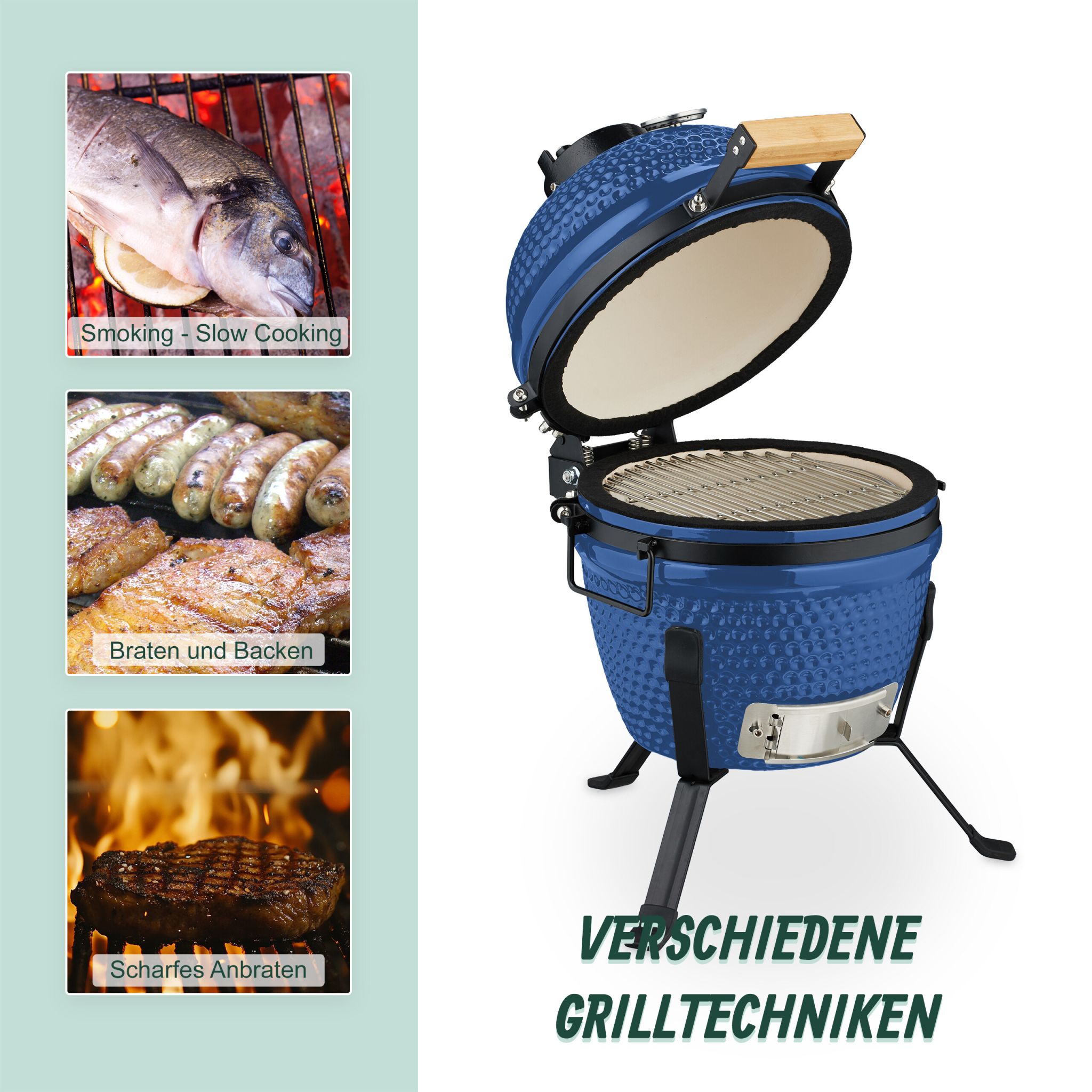 Kamado Grill Keramik Blau-Schwarz von Relaxdays