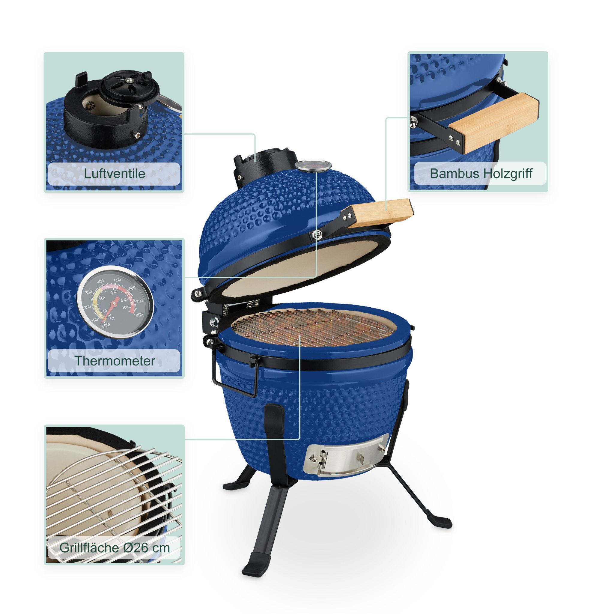 Kamado Grill Keramik Blau-Schwarz von Relaxdays