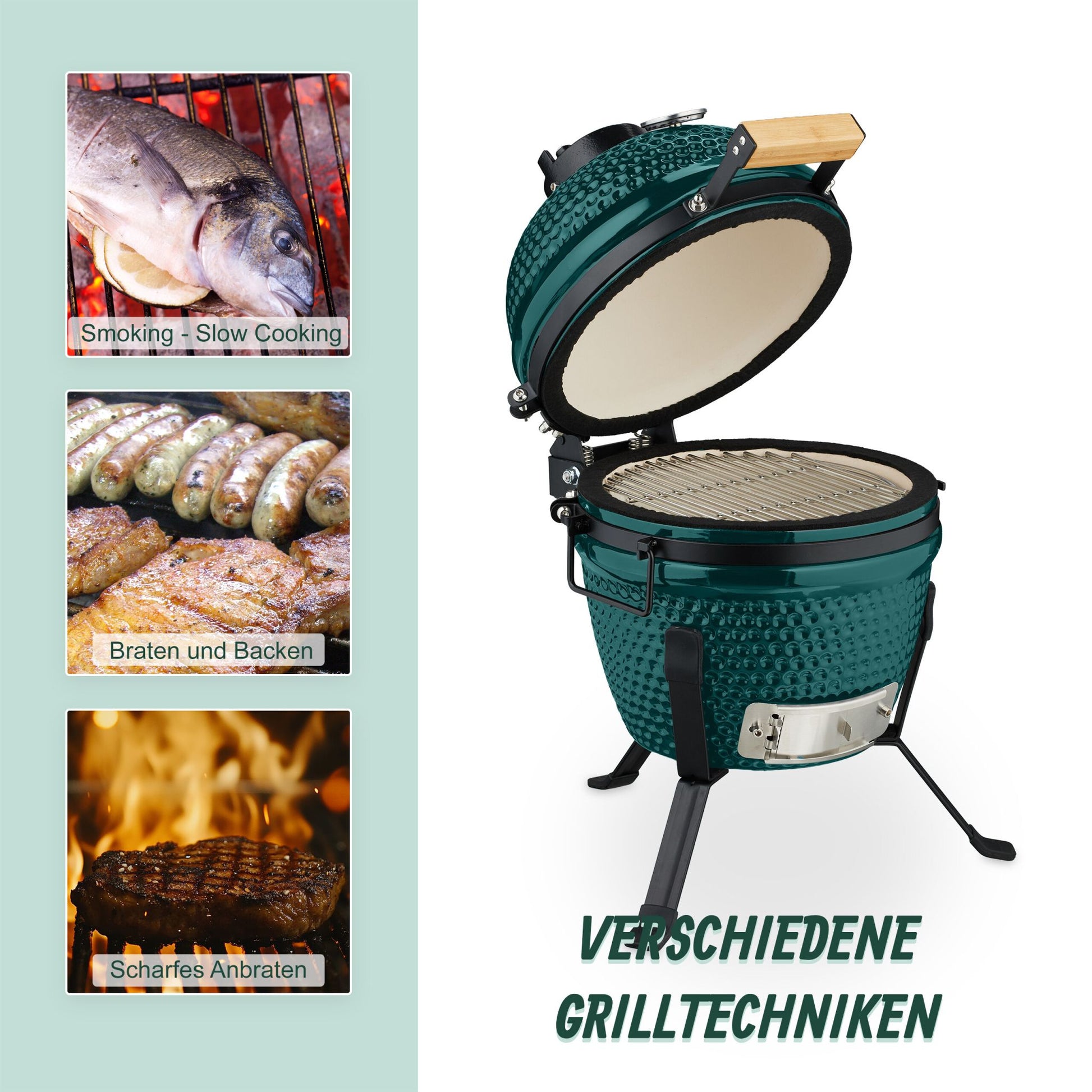 Kamado Grill Keramik Dunkelgrün-Schwarz von Relaxdays
