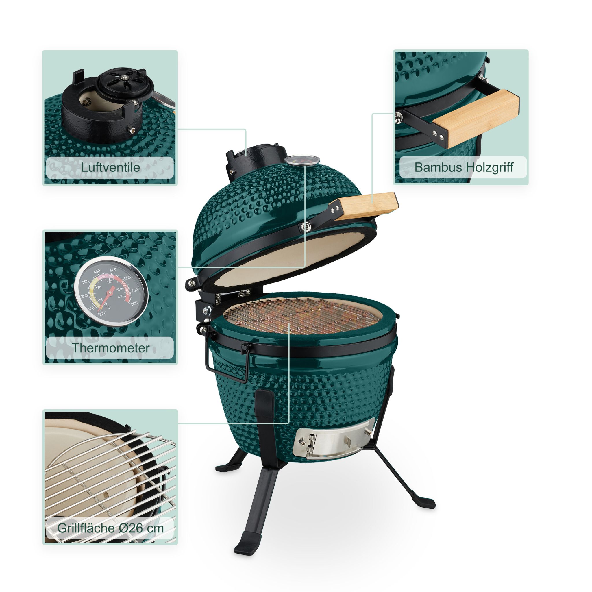 Kamado Grill Keramik Dunkelgrün-Schwarz von Relaxdays