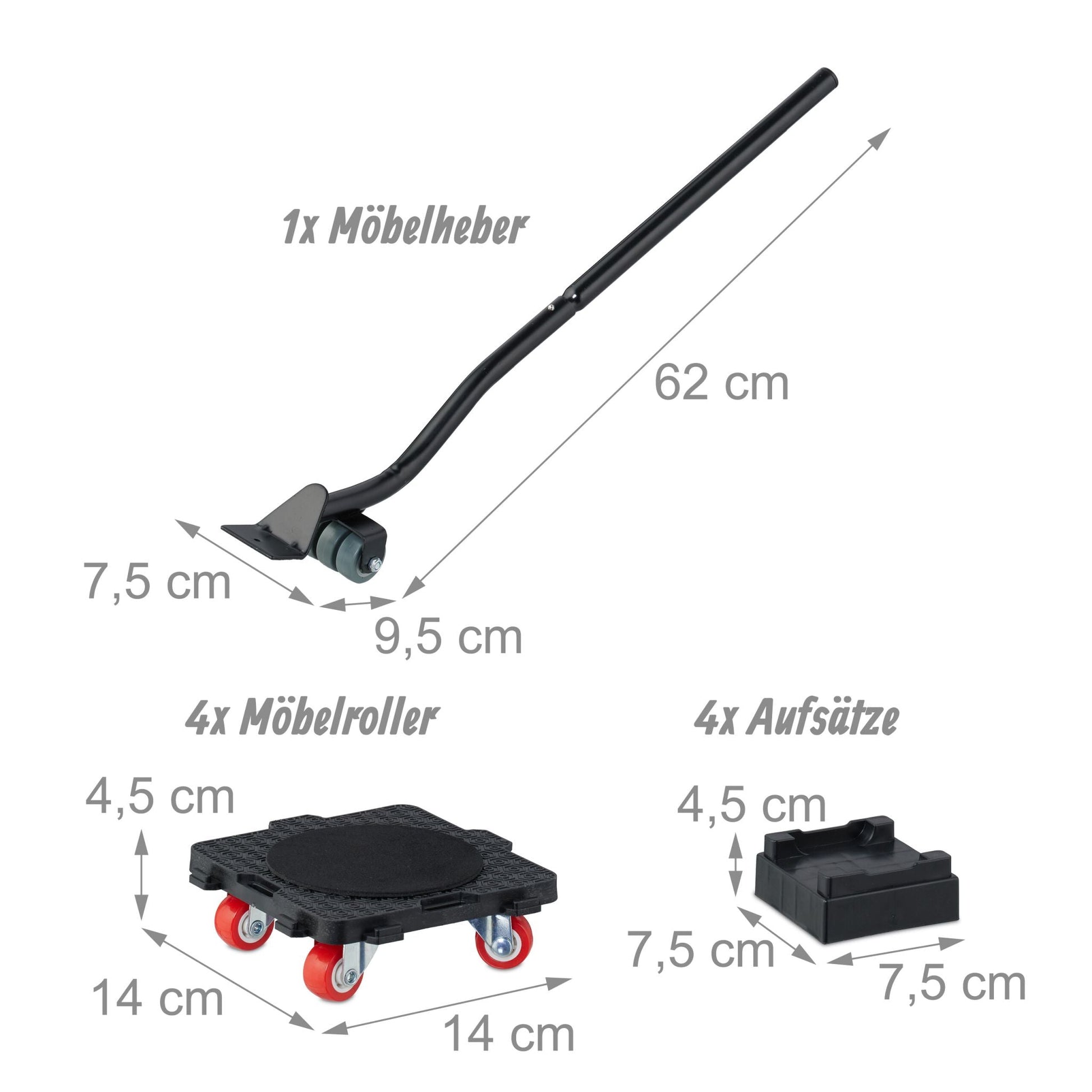 Möbelheber und Möbelroller-Set Rot-Schwarz-Silber von Relaxdays