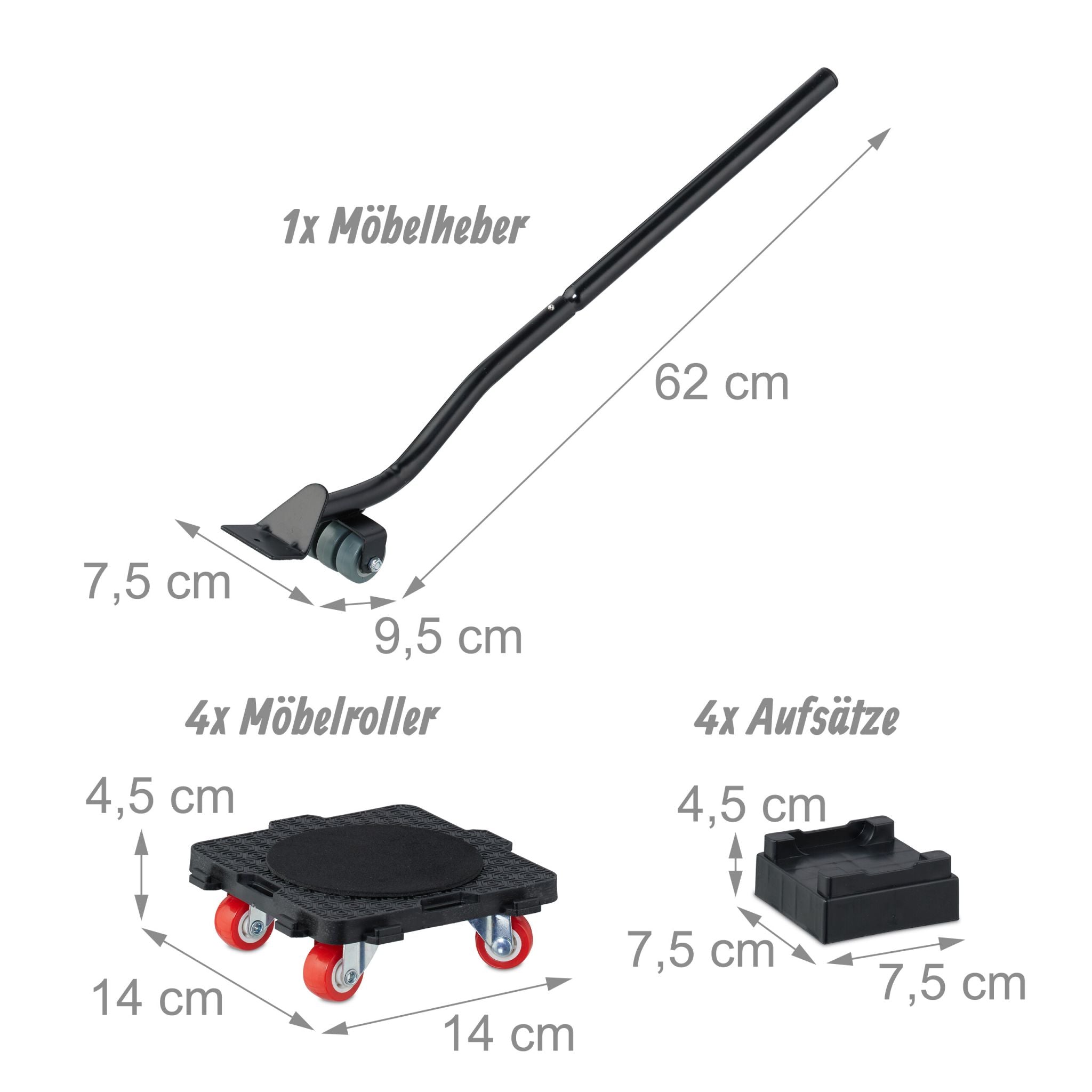 Möbelheber und Möbelroller-Set Rot-Schwarz-Silber von Relaxdays