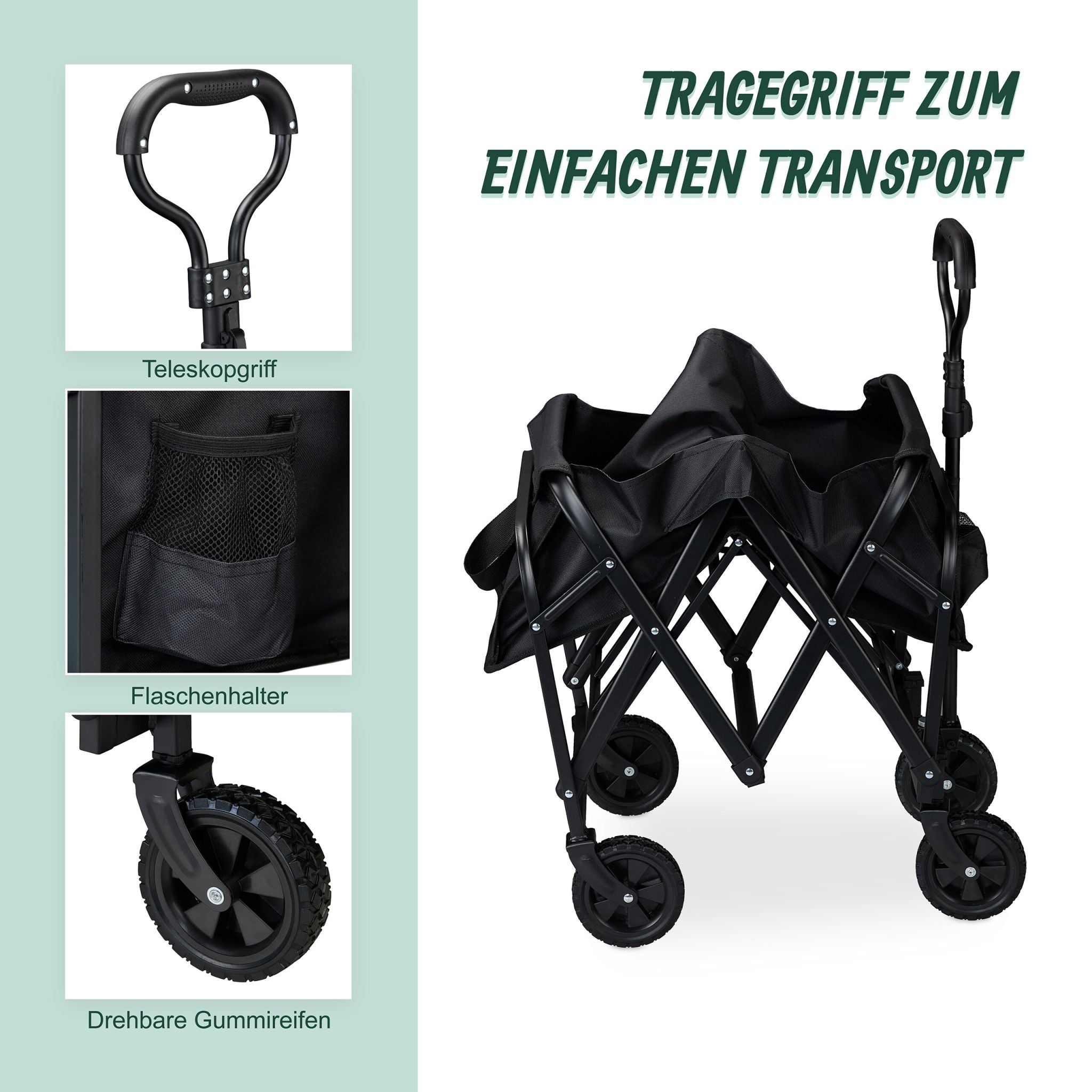Faltbarer Bollerwagen Schwarz von Relaxdays