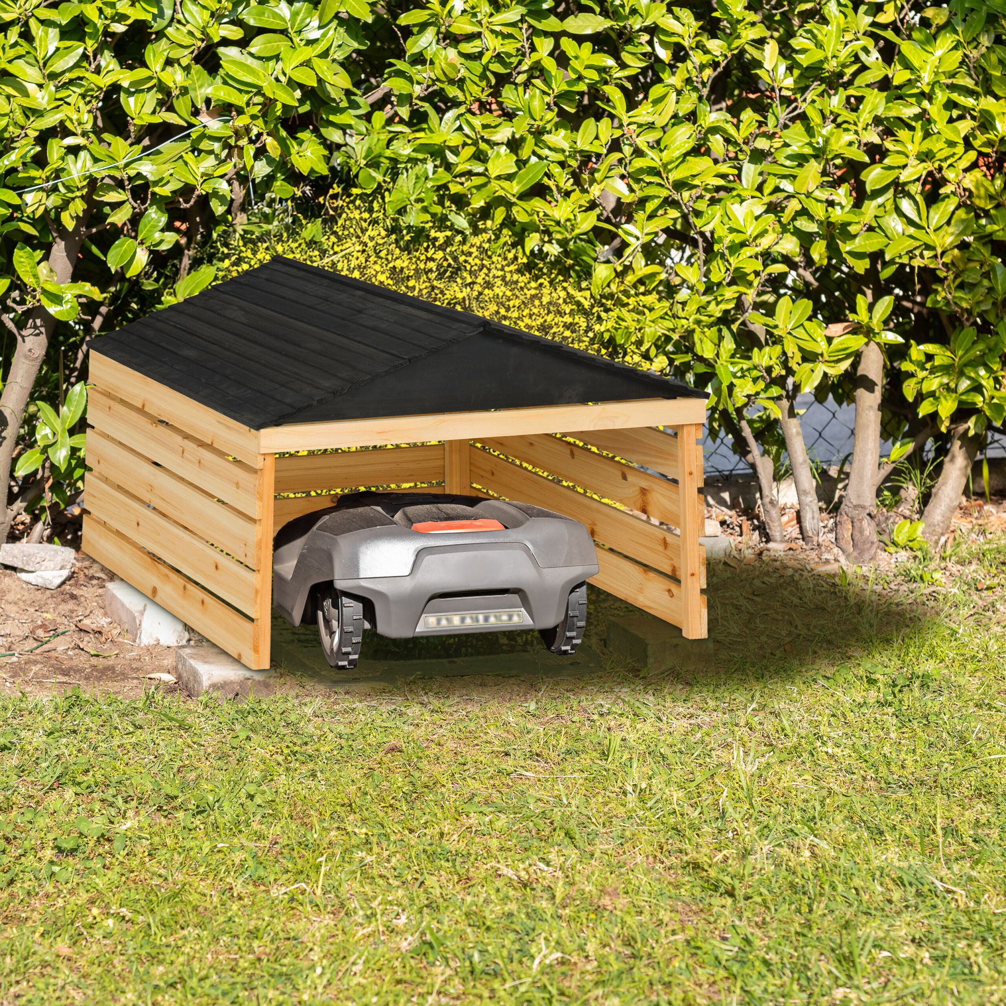 Mähroboter Garage Holz Hellbraun-Schwarz von Relaxdays
