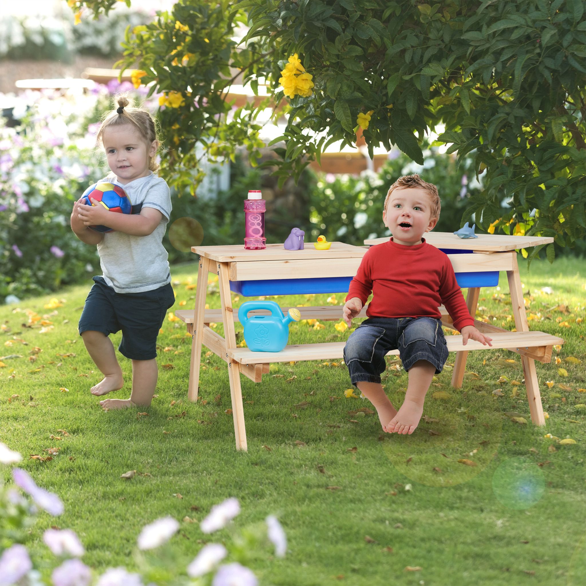 Kindersitzgruppe Holz mit Matschtisch Blau-Hellbraun von Relaxdays