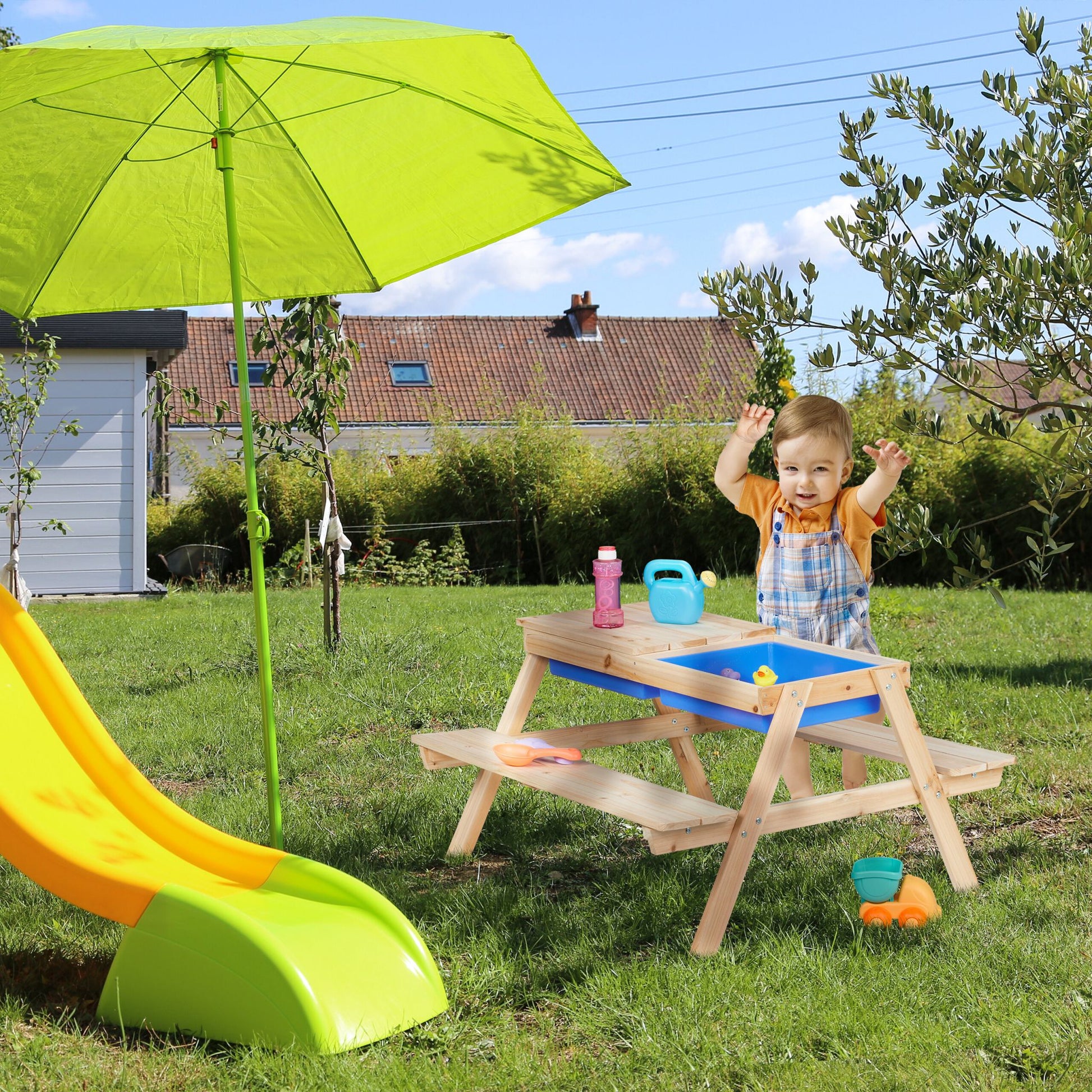 Kindersitzgruppe Holz mit Matschtisch Blau-Hellbraun von Relaxdays