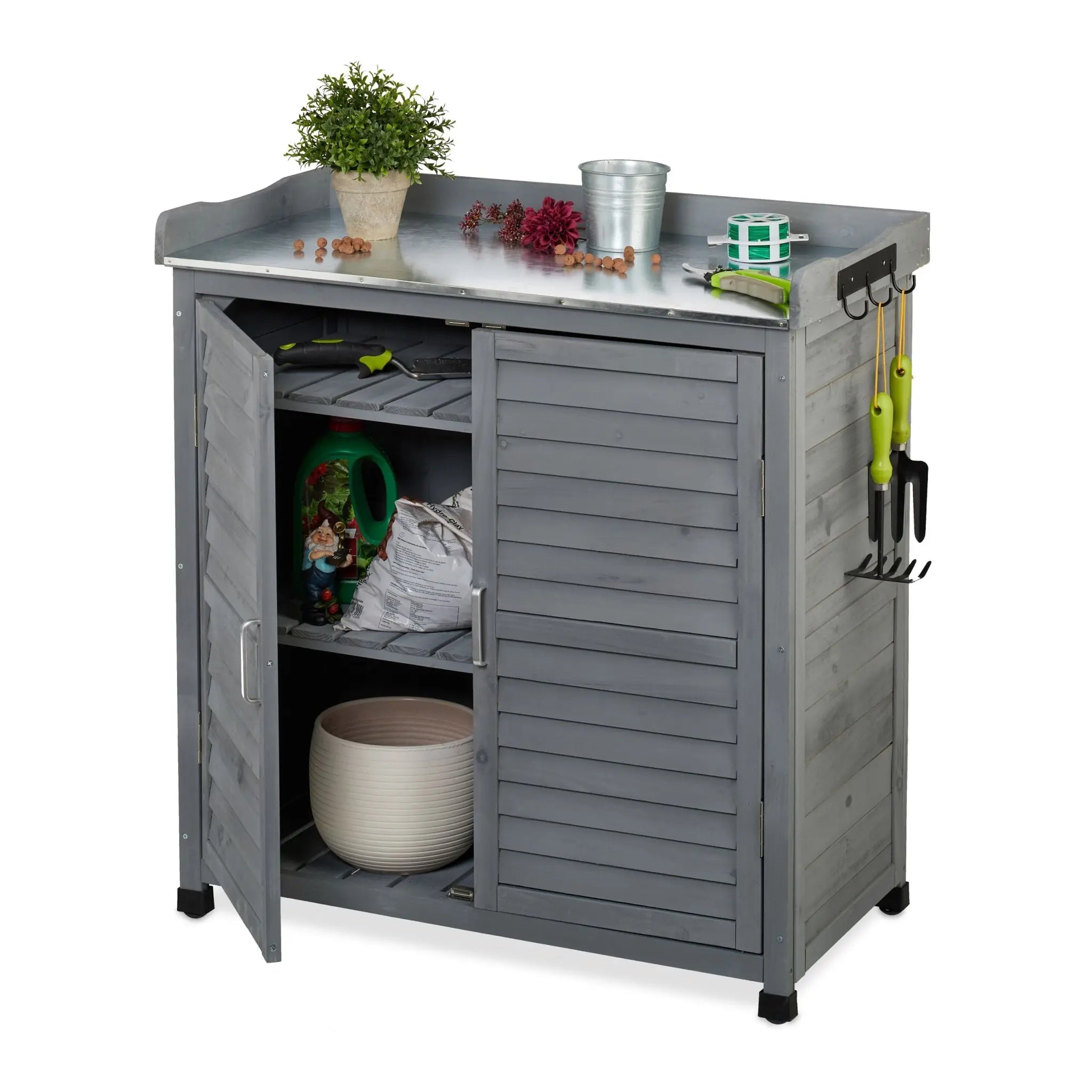 Pflanztisch mit Unterschrank Schwarz-Silber-Grau von Relaxdays