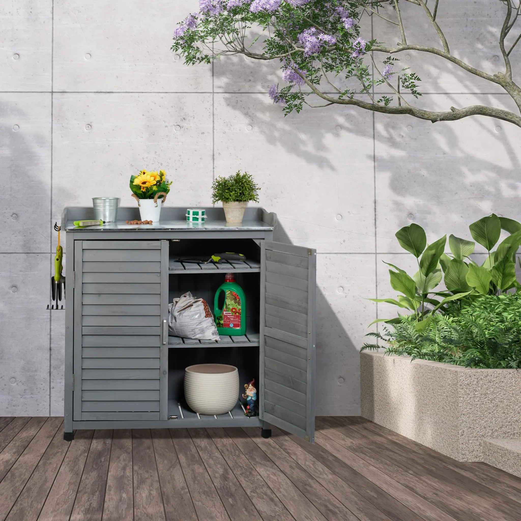 Pflanztisch mit Unterschrank Schwarz-Silber-Grau von Relaxdays
