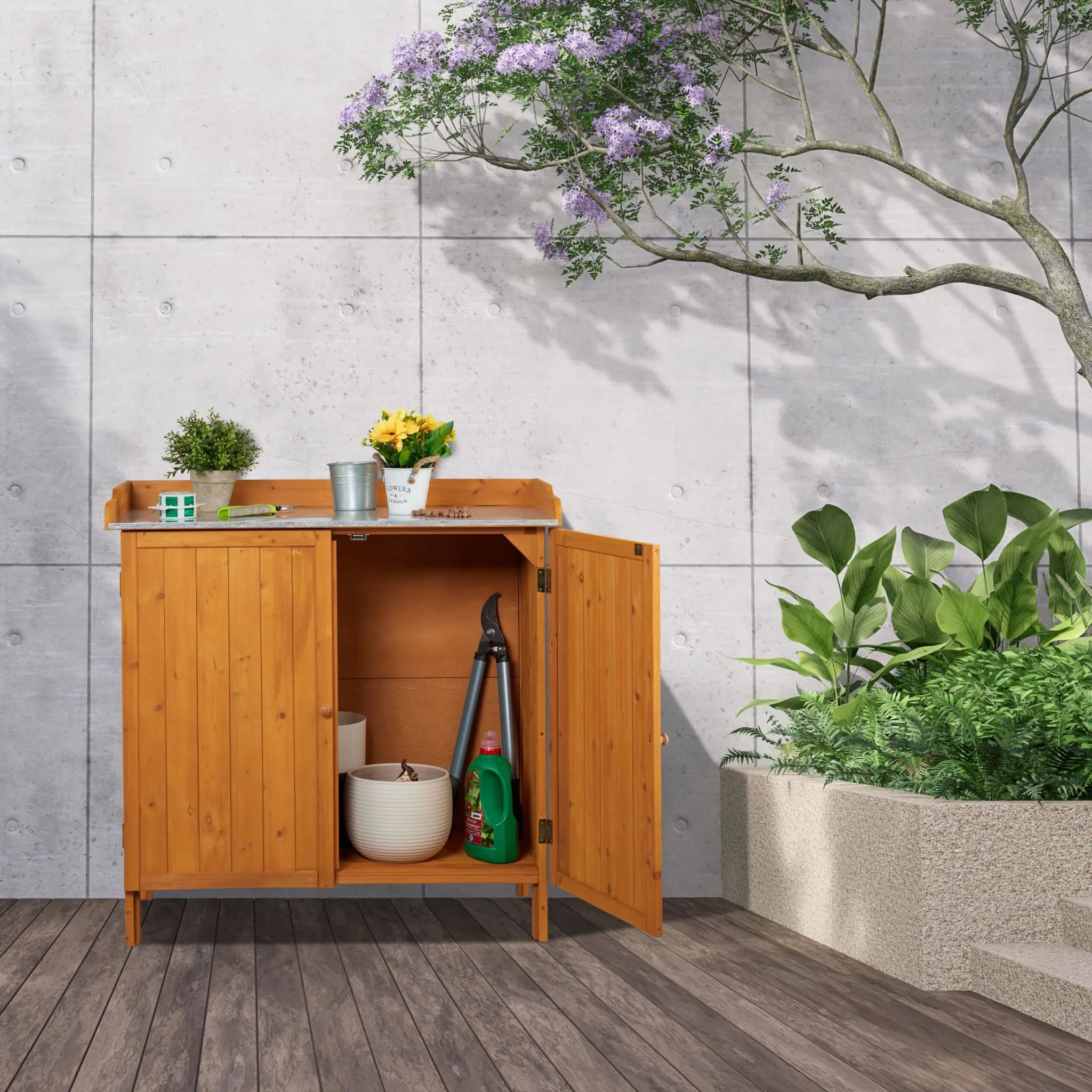 Pflanztisch mit Unterschrank Orange-Silber von Relaxdays