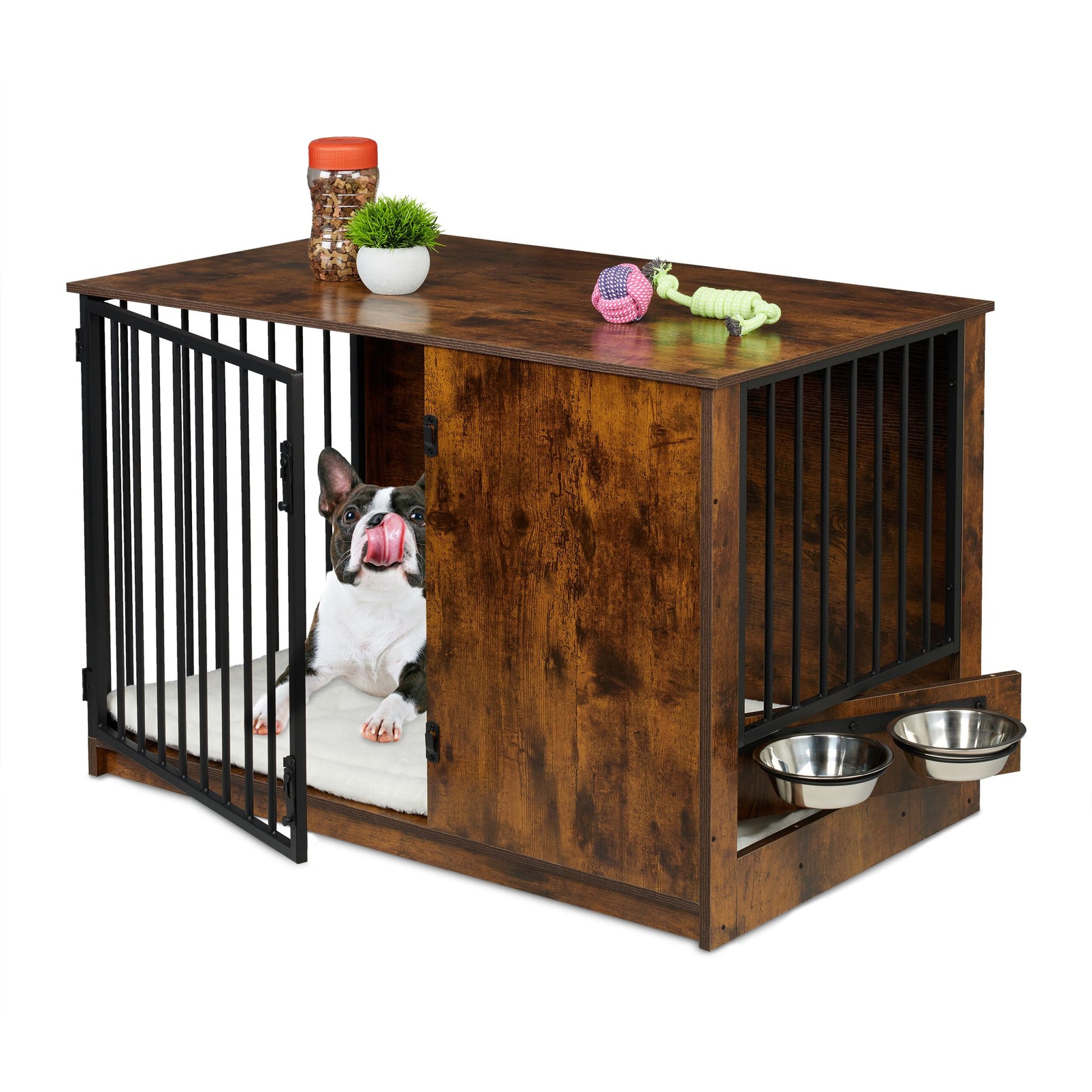 Hundekäfig für Zuhause 2 drehbare Näpfe Dunkelbraun-Schwarz-Silber von Relaxdays