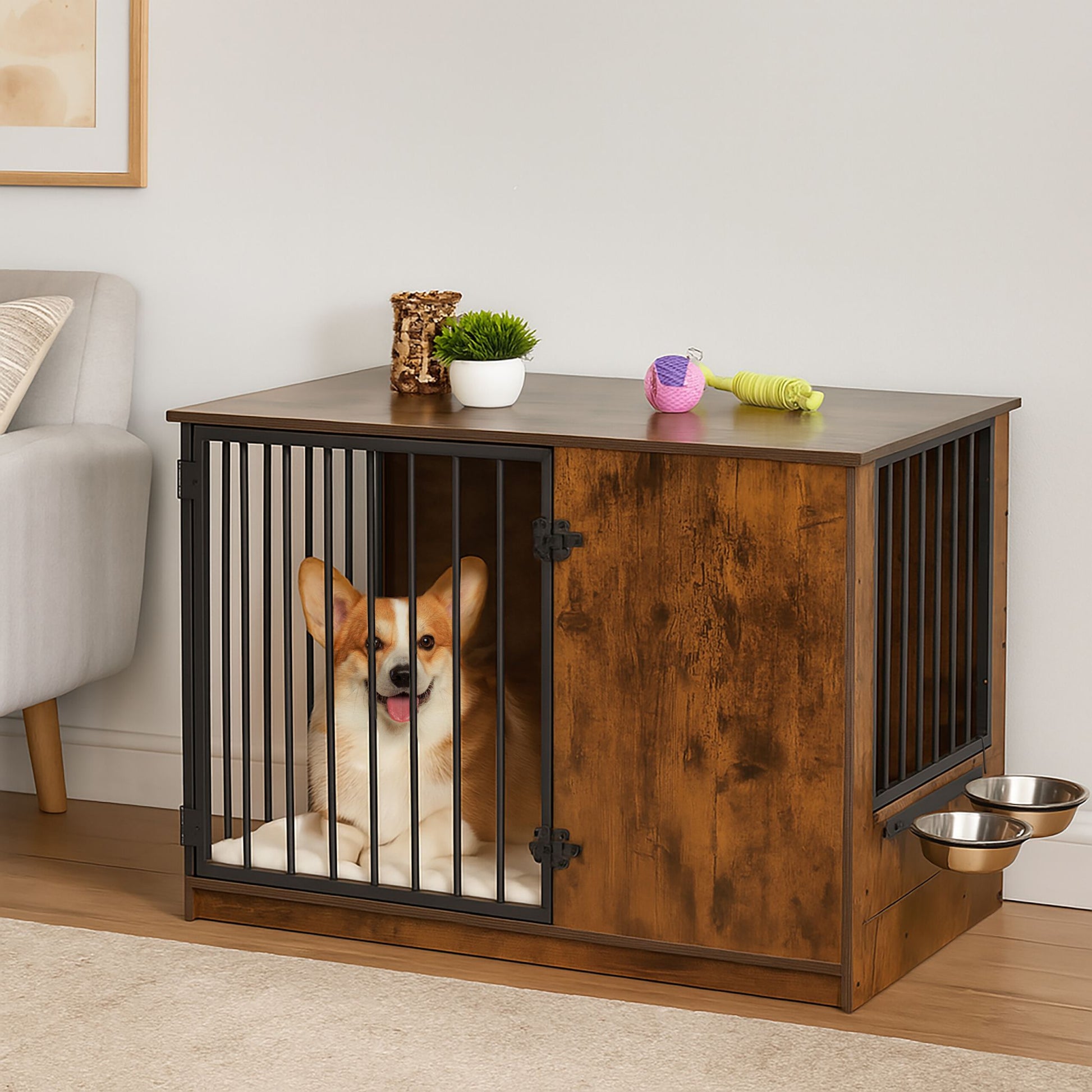 Hundekäfig für Zuhause 2 drehbare Näpfe Dunkelbraun-Schwarz-Silber von Relaxdays