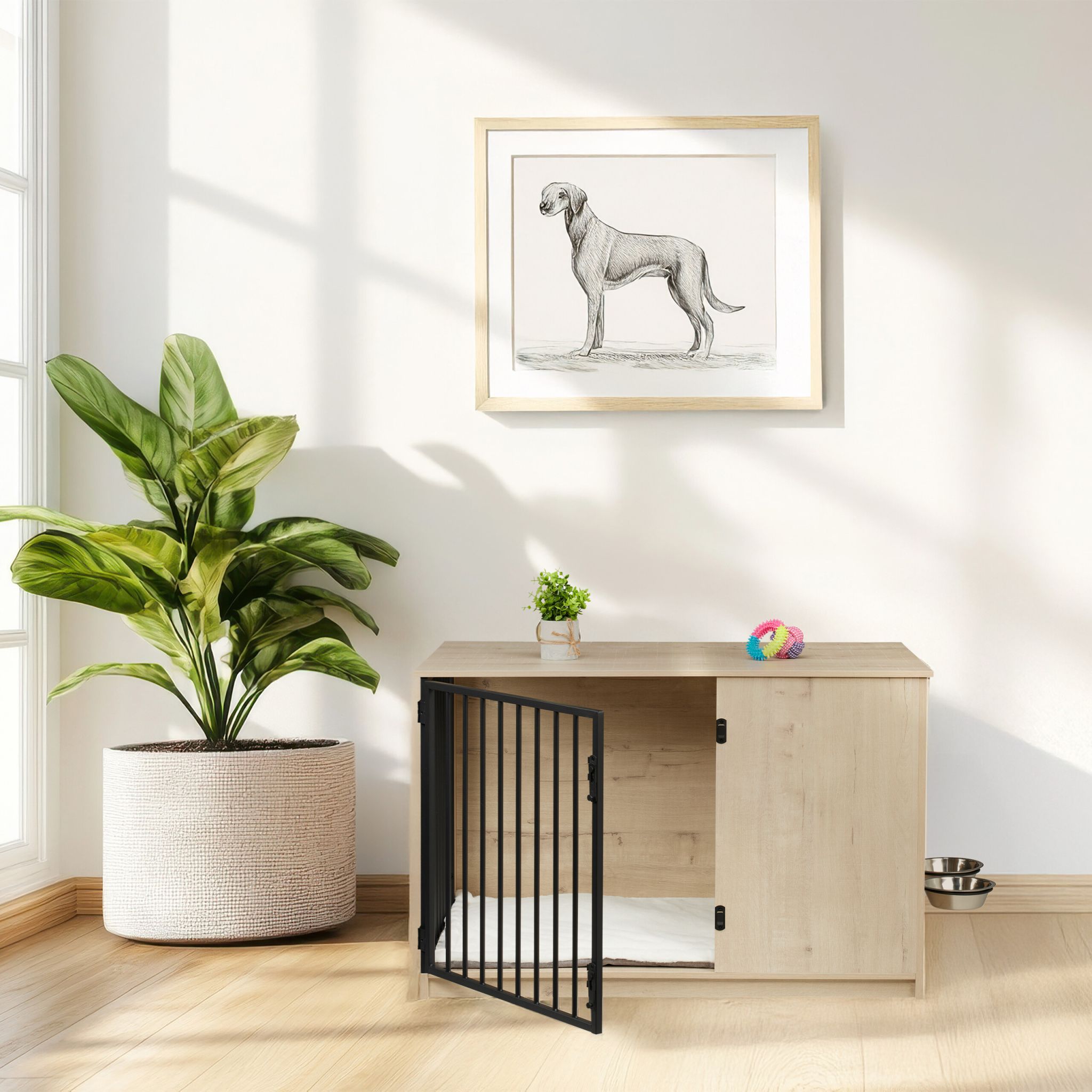 Hundekäfig für Zuhause 2 drehbare Näpfe Dunkelbraun-Schwarz-Silber von Relaxdays