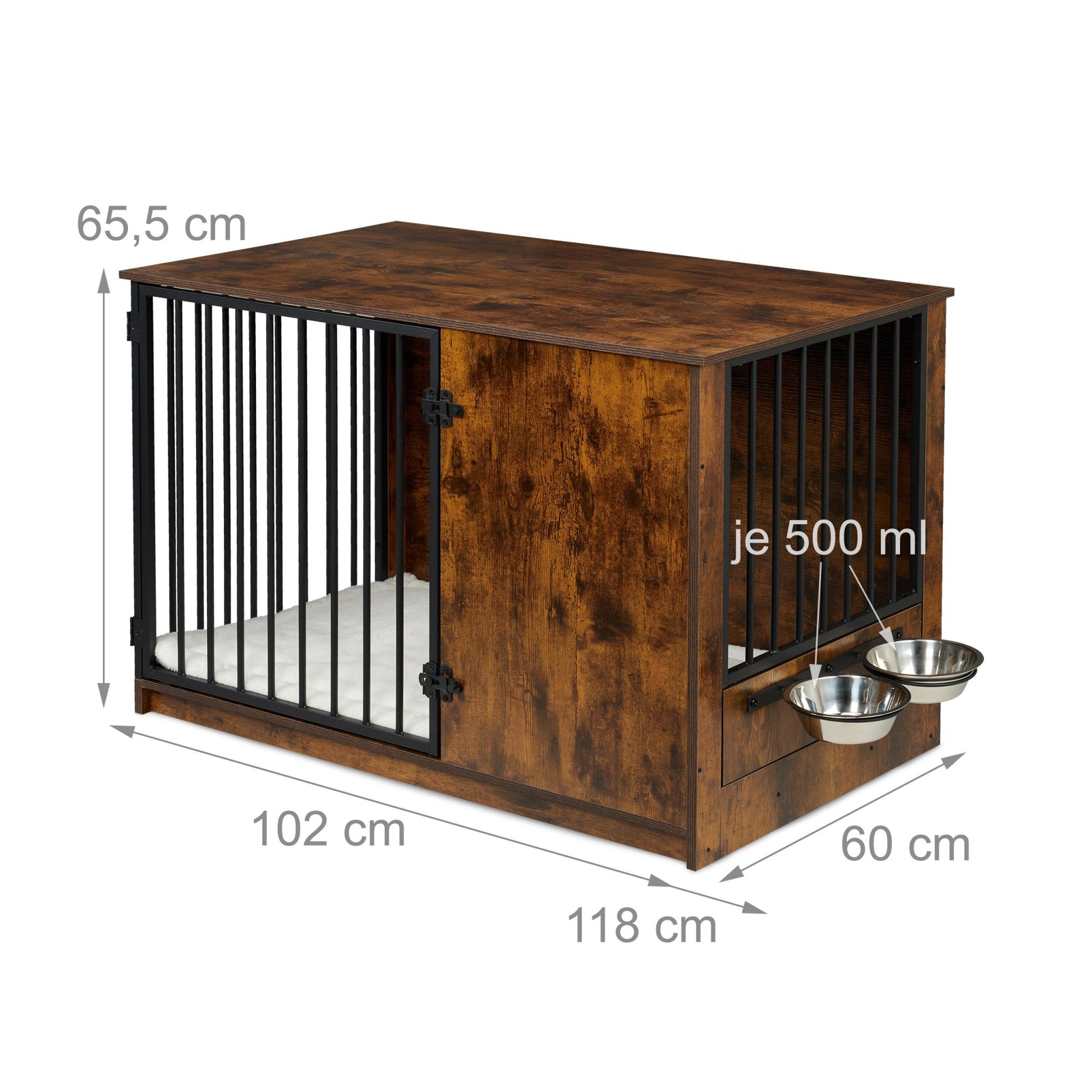 Hundekäfig für Zuhause 2 drehbare Näpfe Dunkelbraun-Schwarz-Silber von Relaxdays