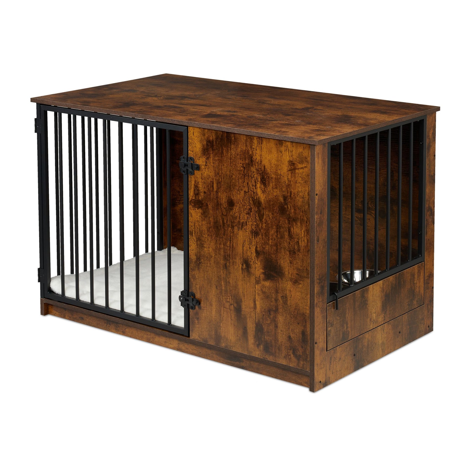 Hundekäfig für Zuhause 2 drehbare Näpfe Dunkelbraun-Schwarz-Silber von Relaxdays