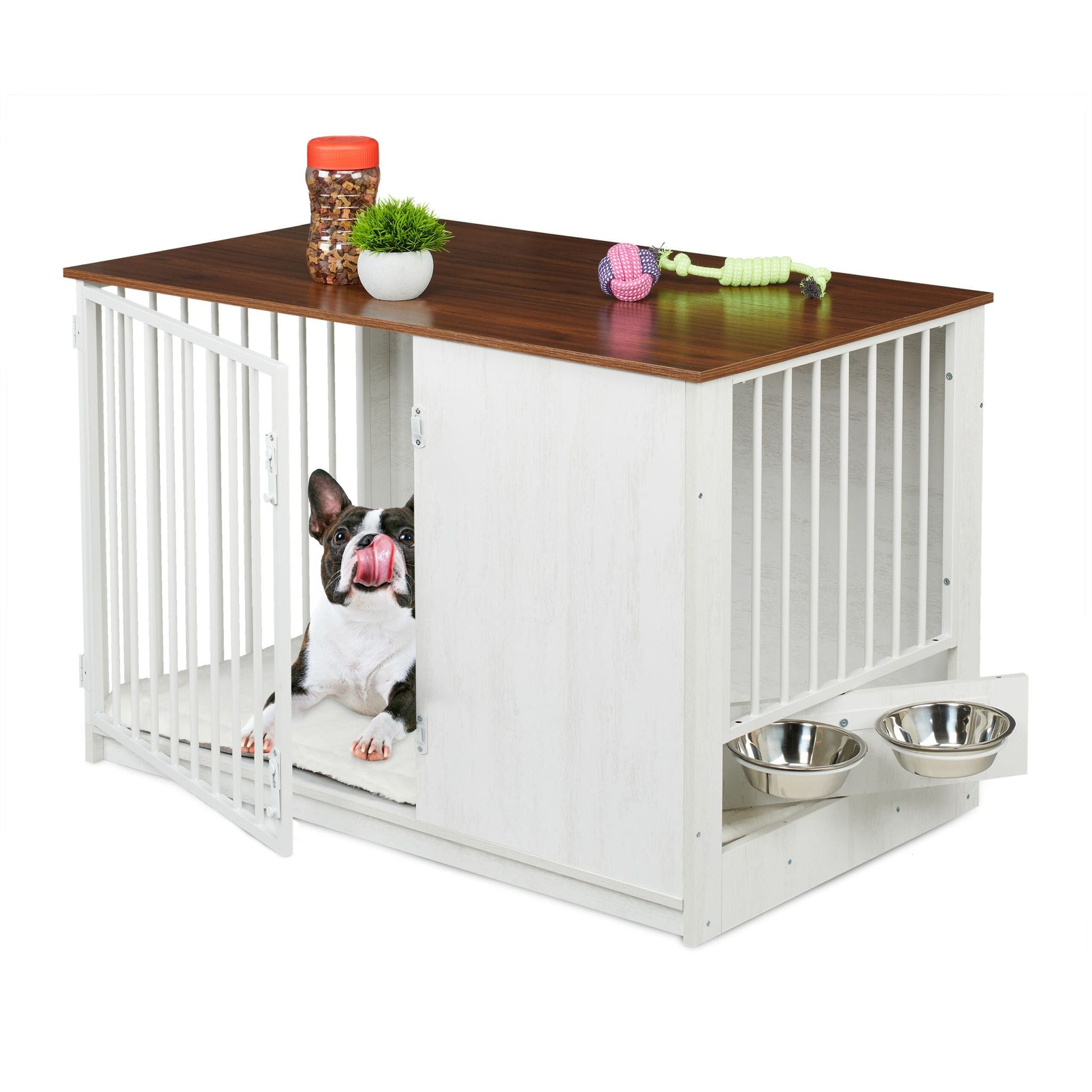 Hundekäfig für Zuhause 2 drehbare Näpfe Weiss-Creme-Dunkelbraun von Relaxdays