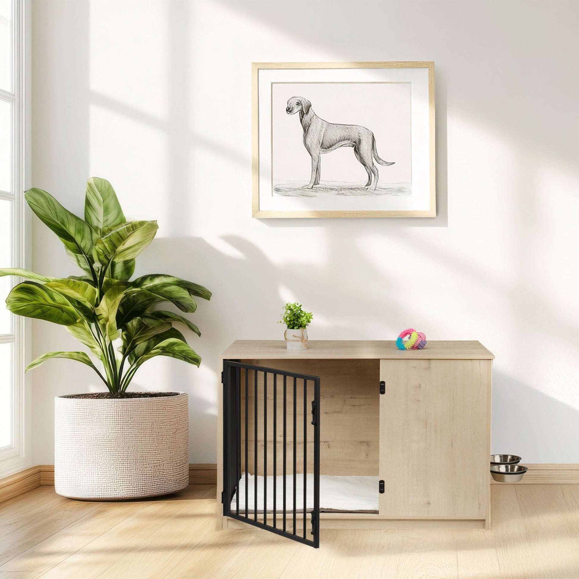 Hundekäfig für Zuhause 2 drehbare Näpfe Weiss-Creme-Dunkelbraun von Relaxdays