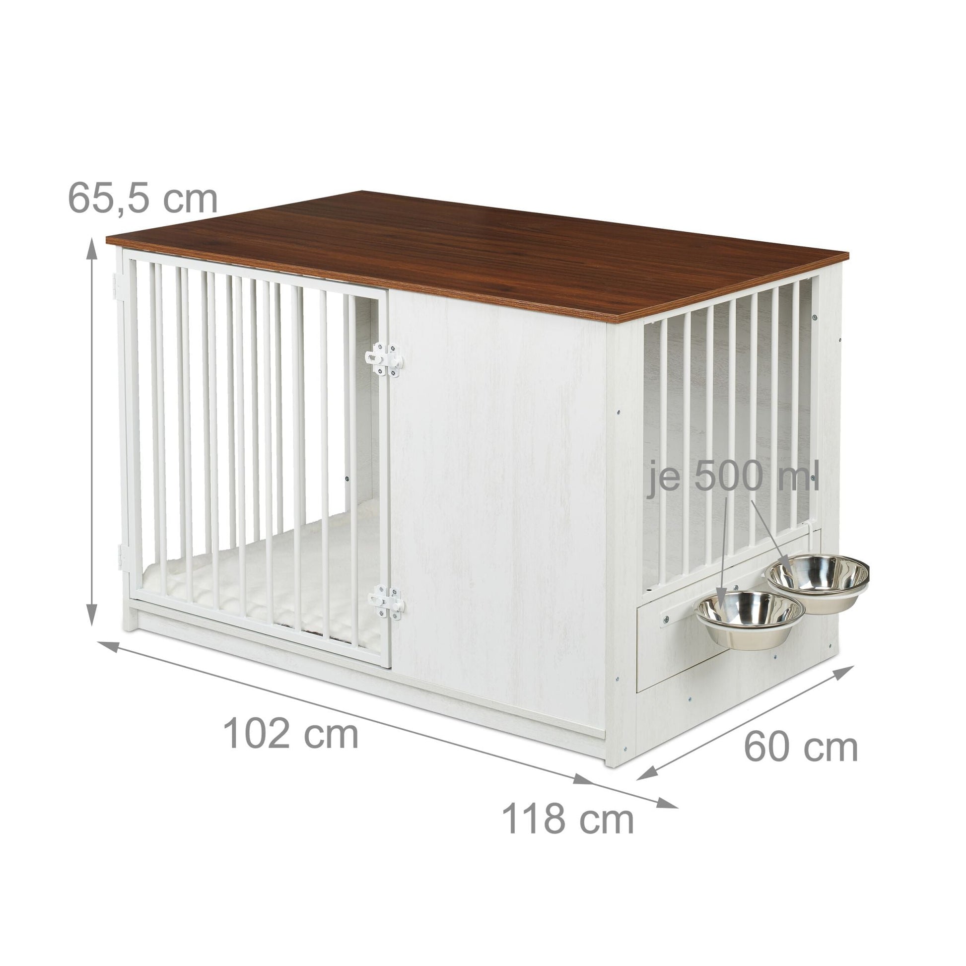 Hundekäfig für Zuhause 2 drehbare Näpfe Weiss-Creme-Dunkelbraun von Relaxdays