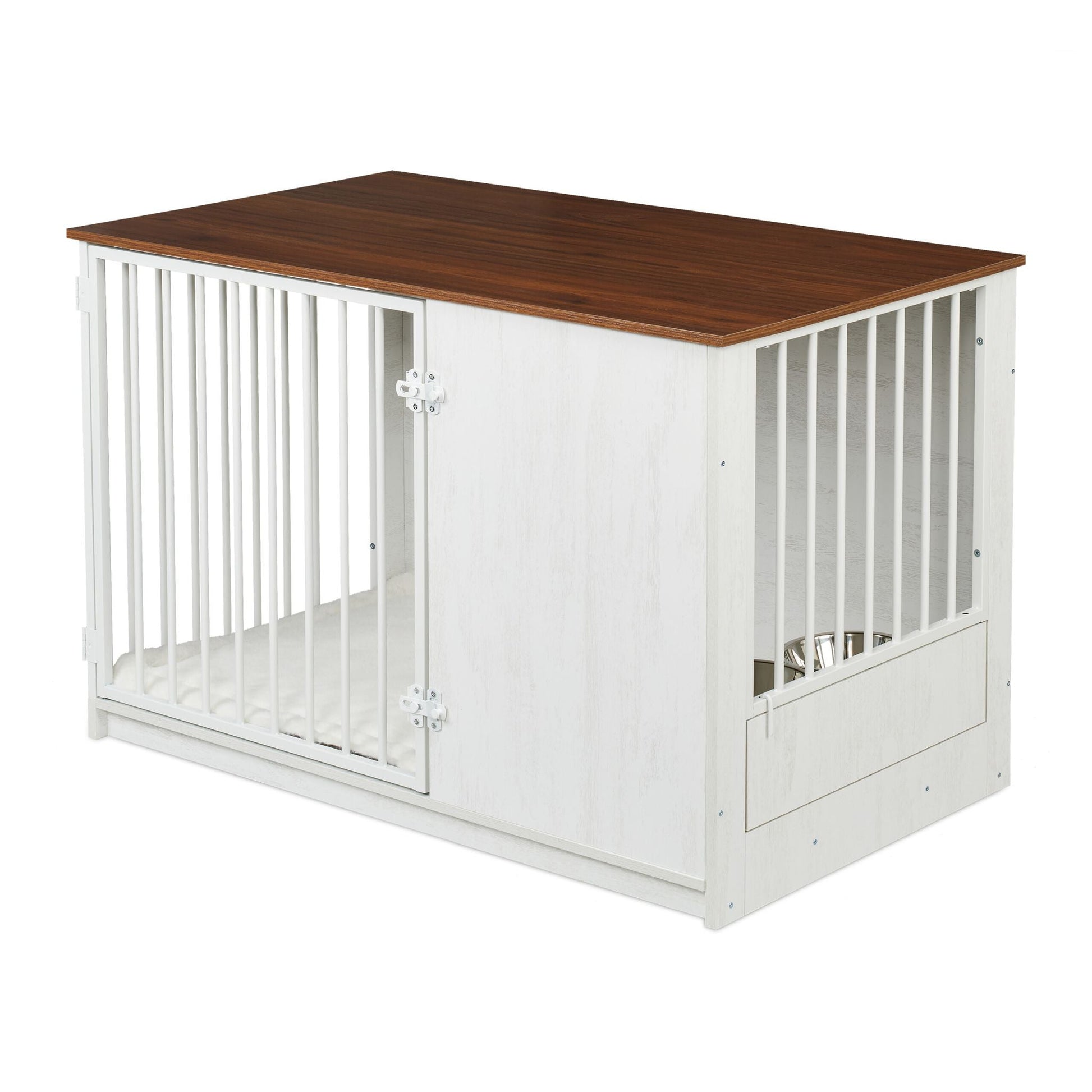 Hundekäfig für Zuhause 2 drehbare Näpfe Weiss-Creme-Dunkelbraun von Relaxdays