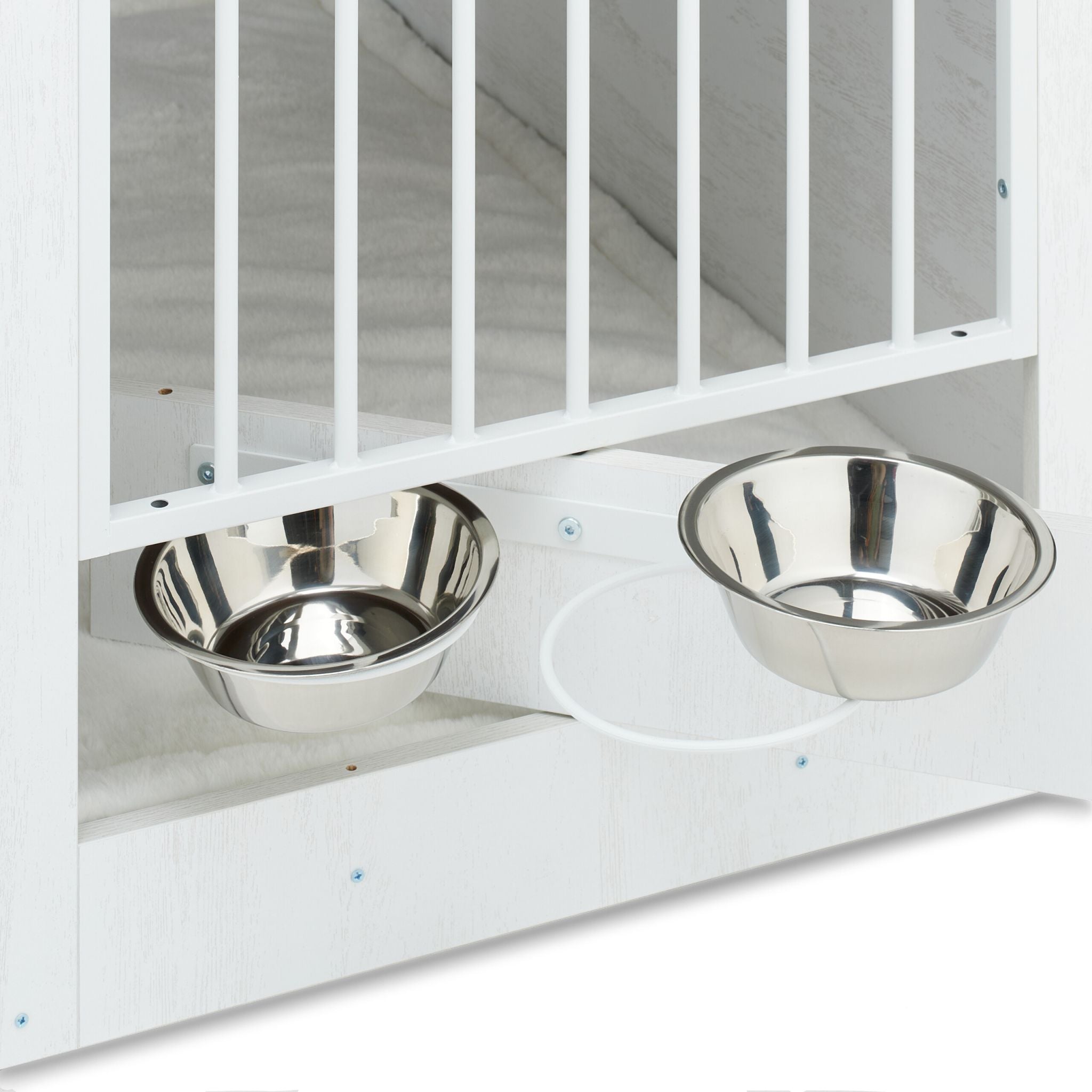 Hundekäfig für Zuhause 2 drehbare Näpfe Weiss-Creme-Dunkelbraun von Relaxdays