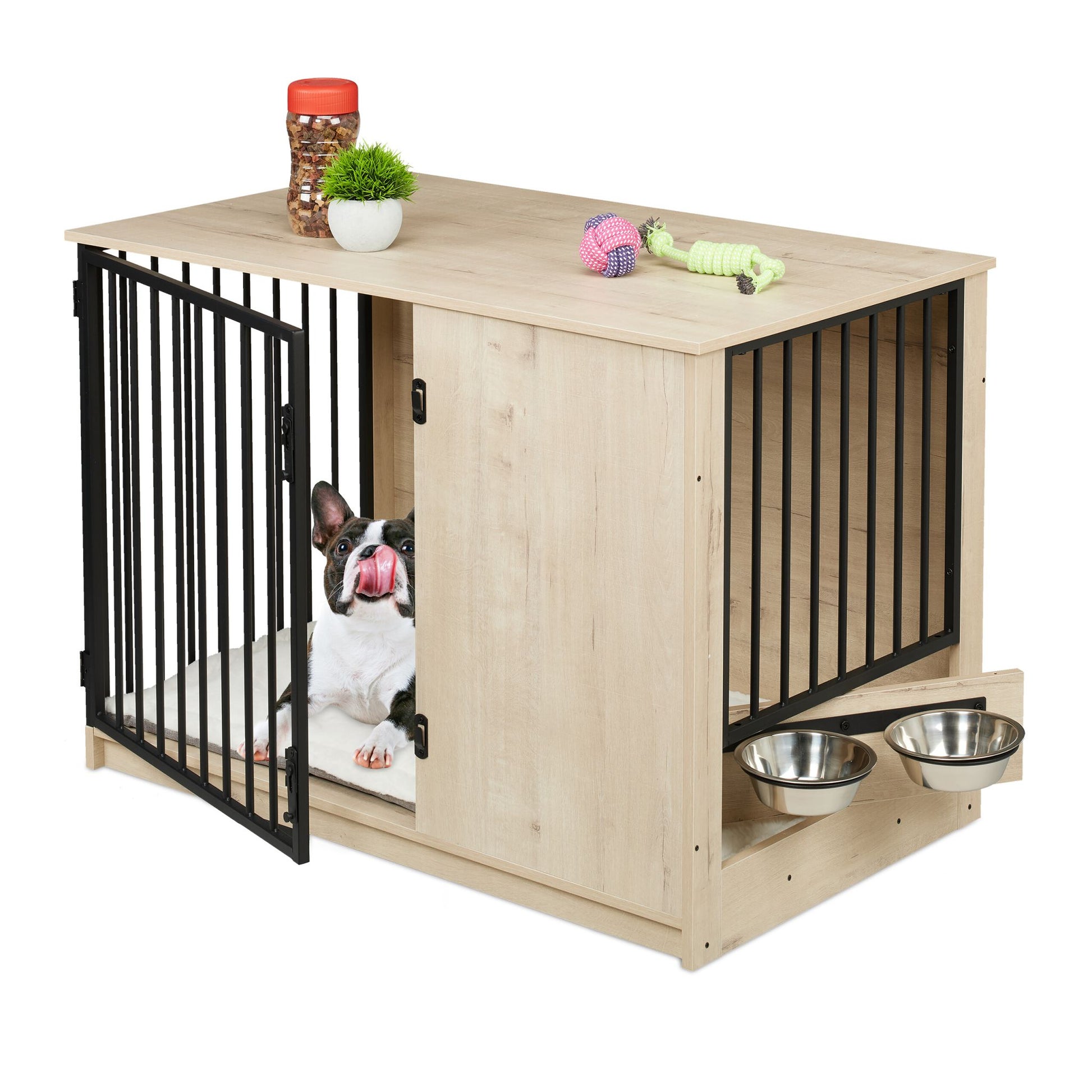 Hundekäfig für Zuhause 2 drehbare Näpfe Creme-Schwarz-Silber von Relaxdays