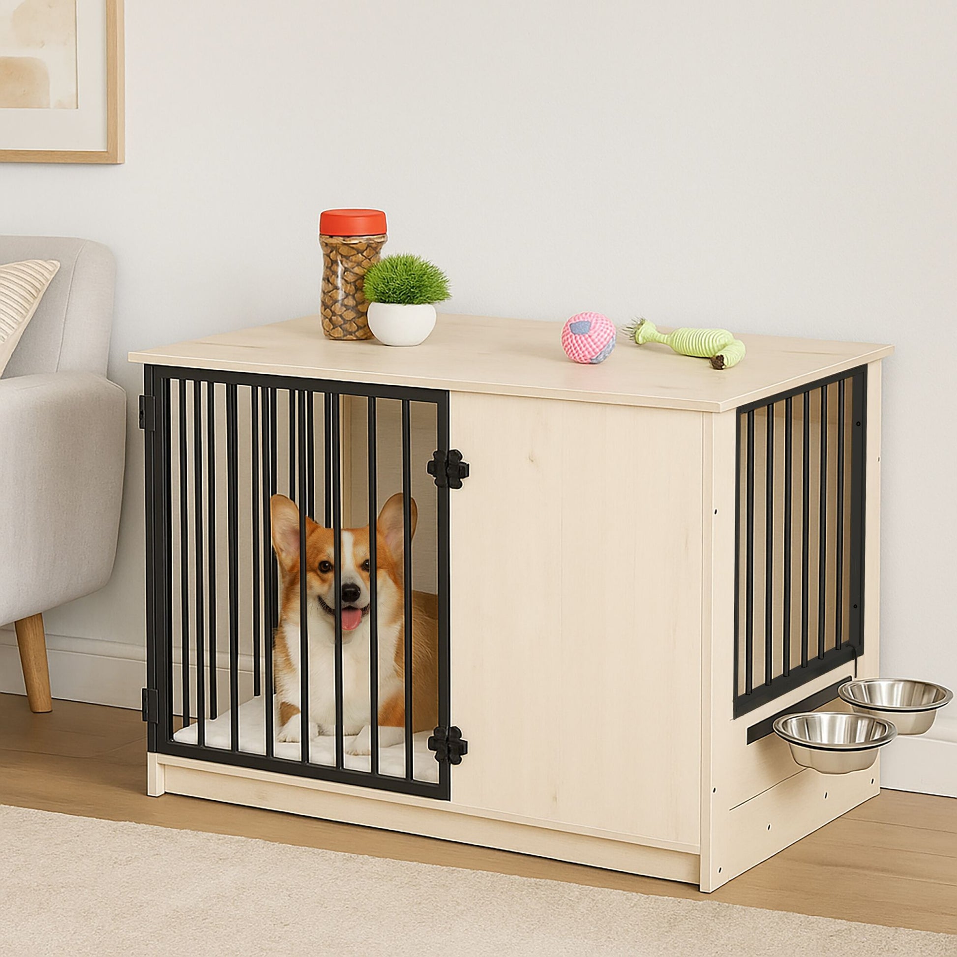 Hundekäfig für Zuhause 2 drehbare Näpfe Creme-Schwarz-Silber von Relaxdays