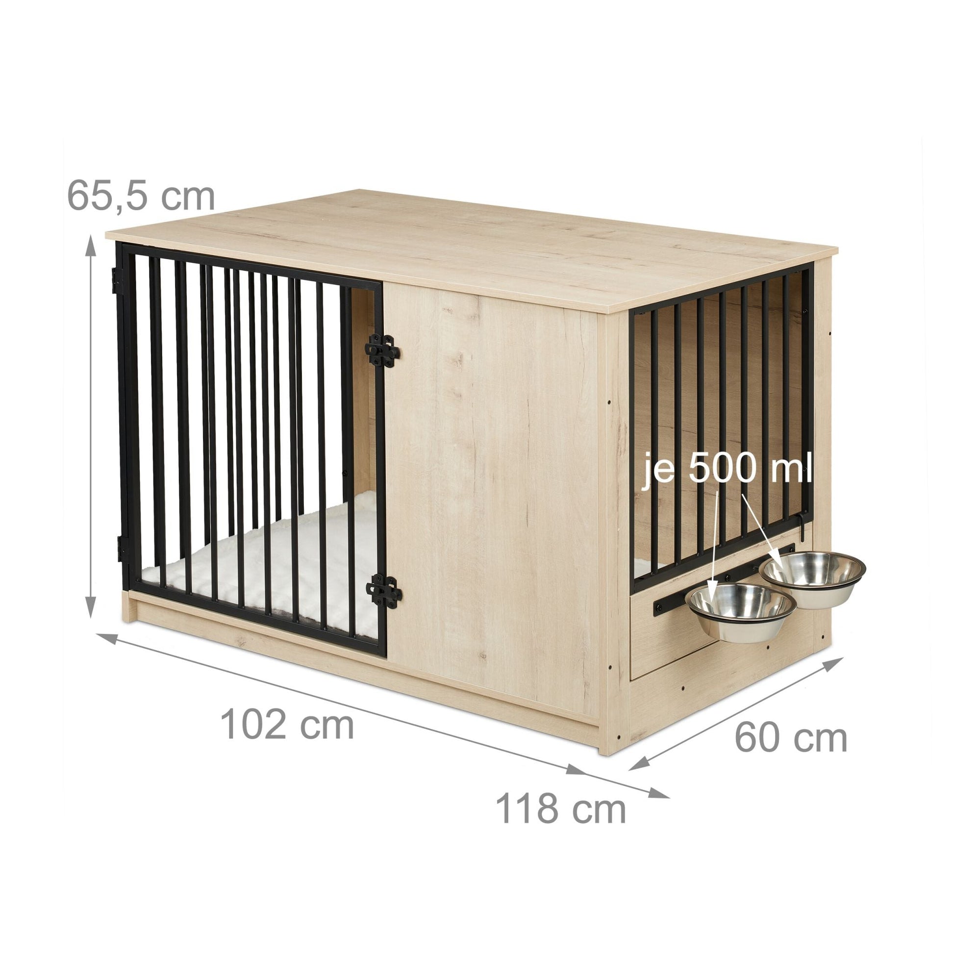 Hundekäfig für Zuhause 2 drehbare Näpfe Creme-Schwarz-Silber von Relaxdays