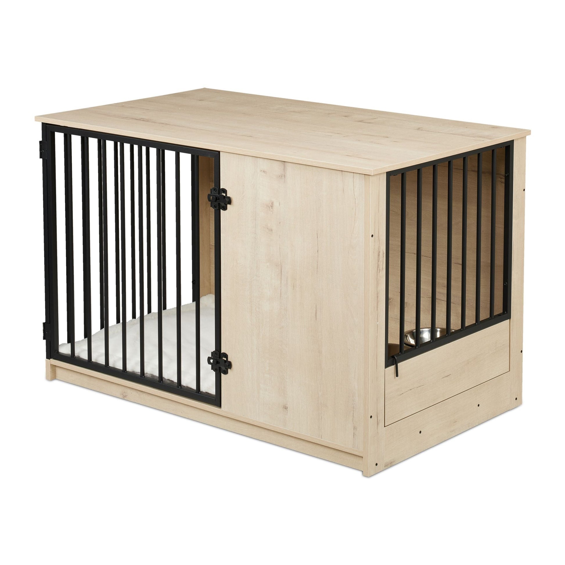 Hundekäfig für Zuhause 2 drehbare Näpfe Creme-Schwarz-Silber von Relaxdays