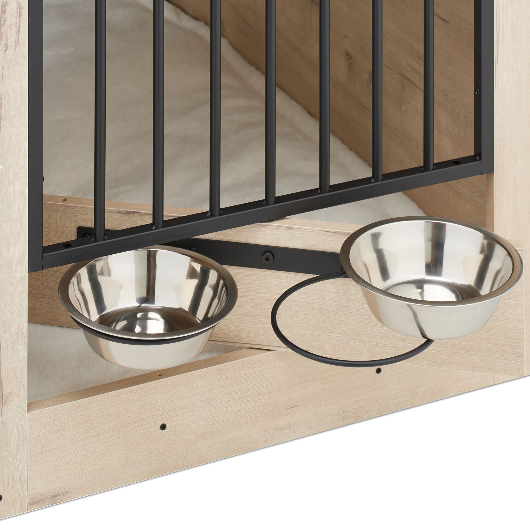 Hundekäfig für Zuhause 2 drehbare Näpfe Creme-Schwarz-Silber von Relaxdays
