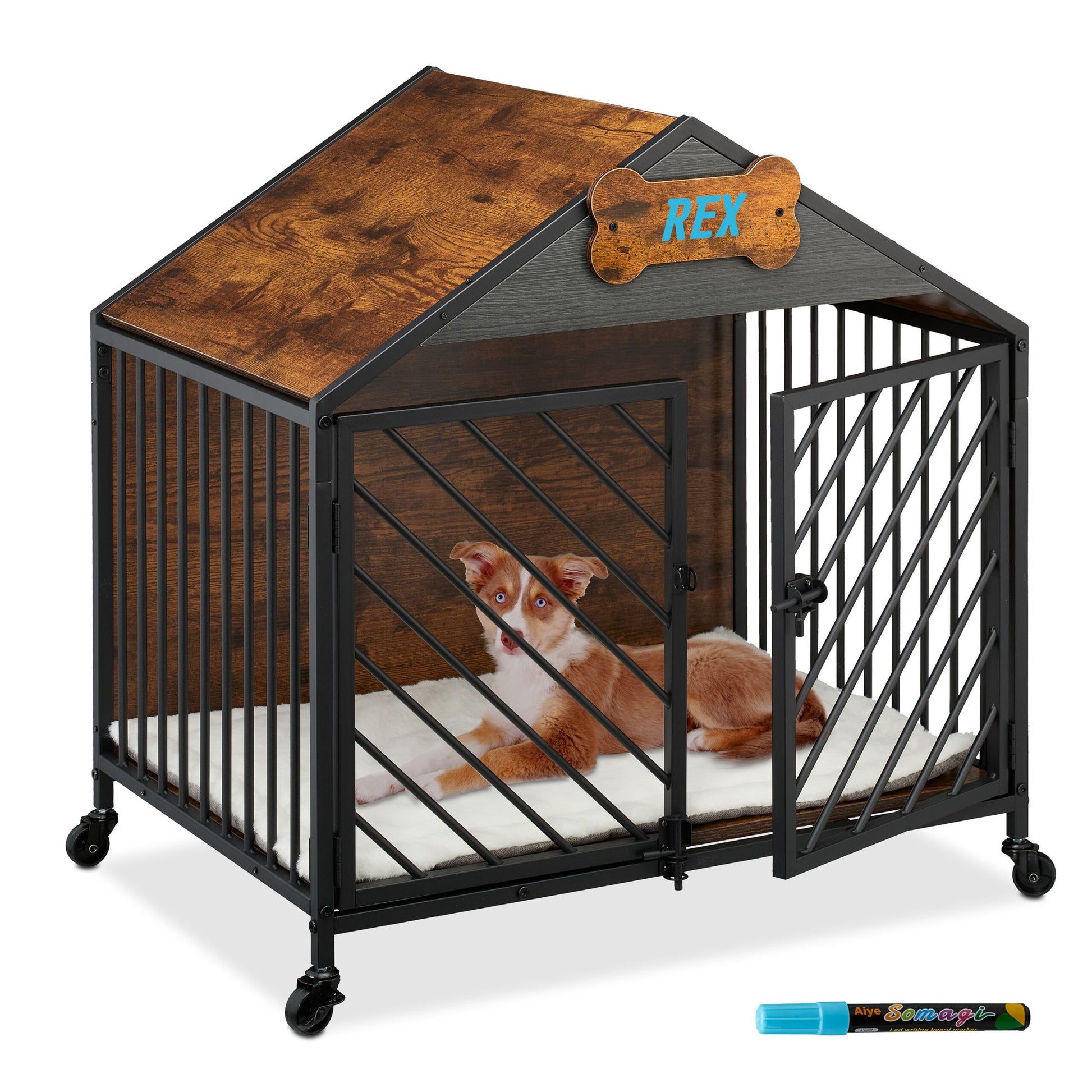 Hundekäfig für Zuhause mit Rollen Dunkelbraun-Schwarz-Grau von Relaxdays