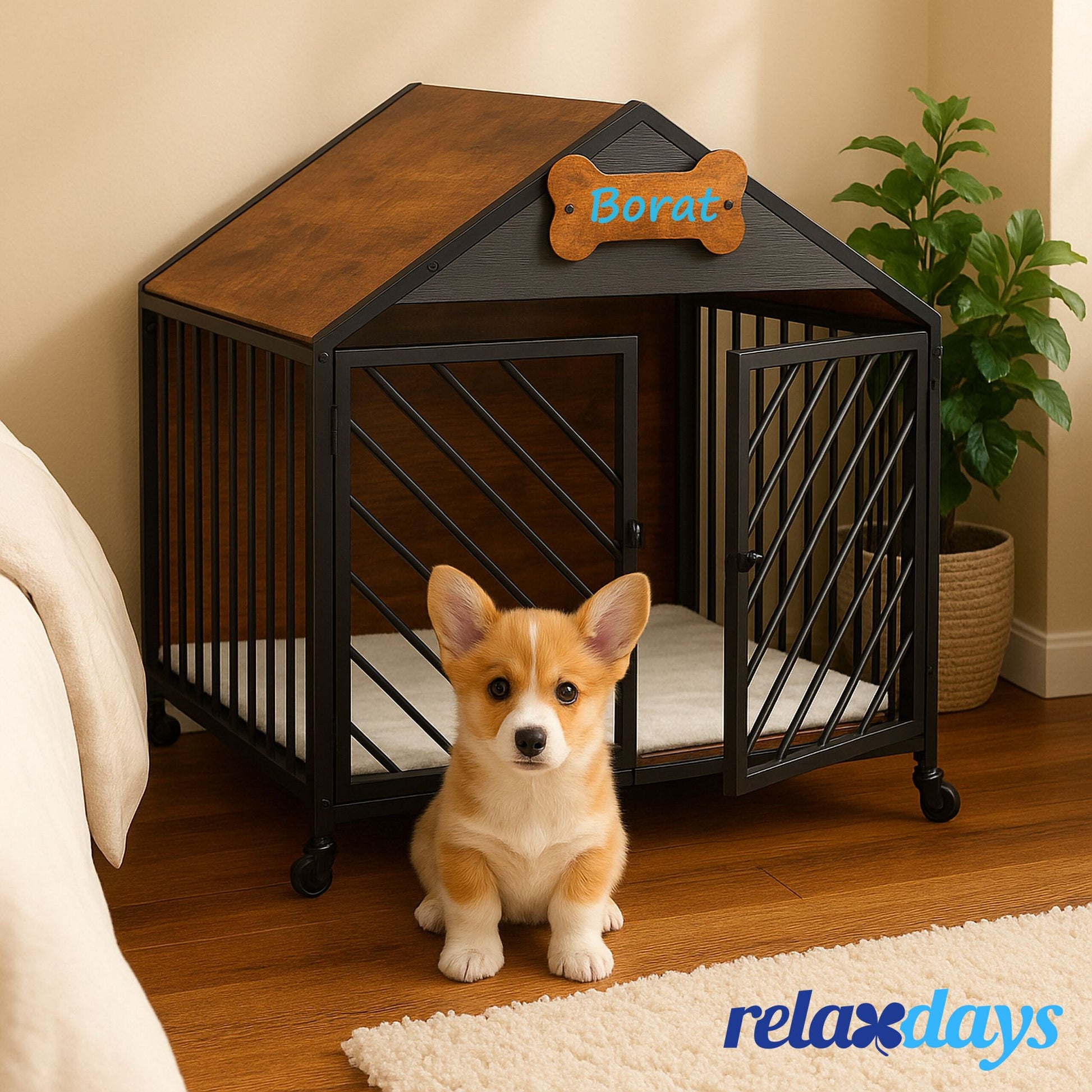 Hundekäfig für Zuhause mit Rollen Dunkelbraun-Schwarz-Grau von Relaxdays