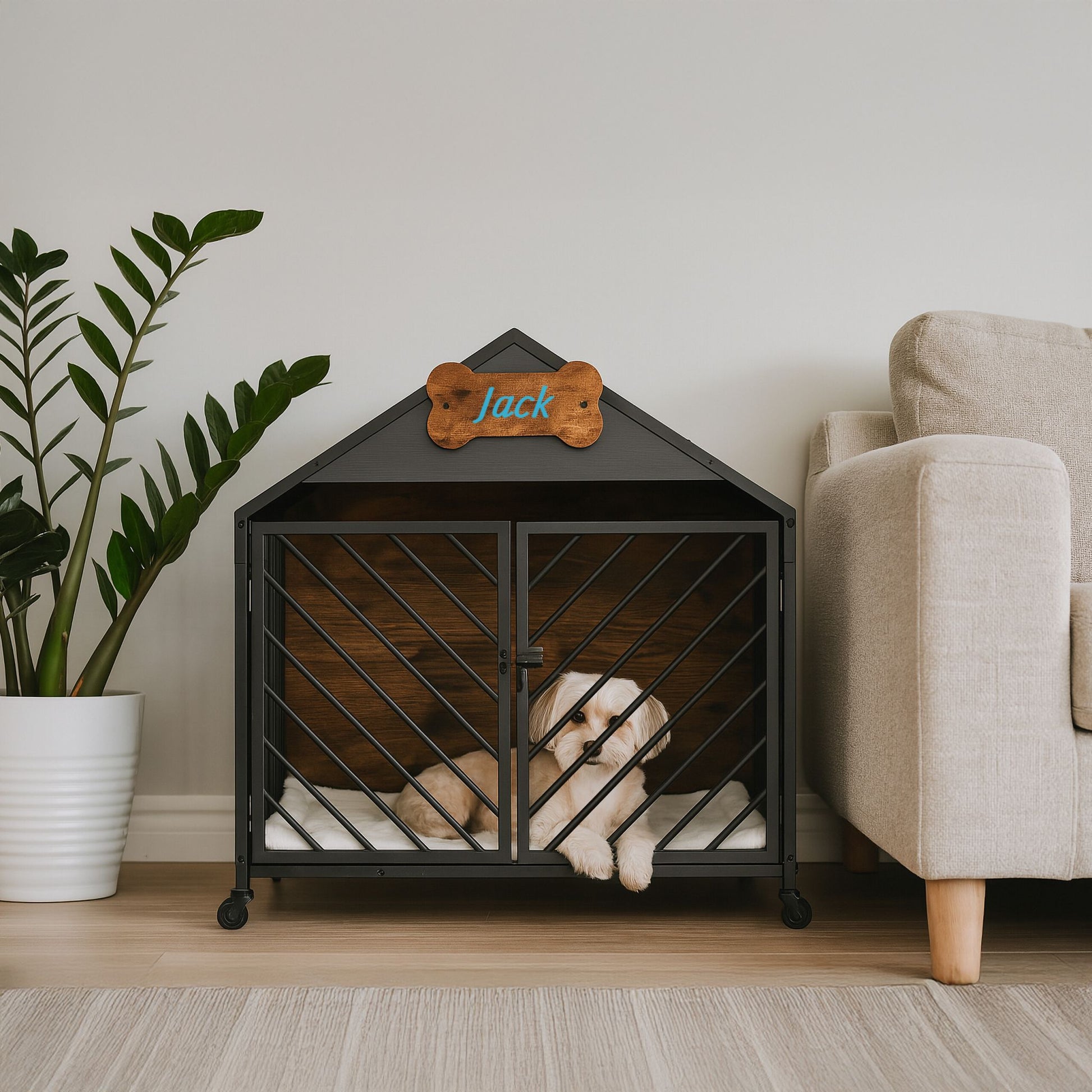 Hundekäfig für Zuhause mit Rollen Dunkelbraun-Schwarz-Grau von Relaxdays